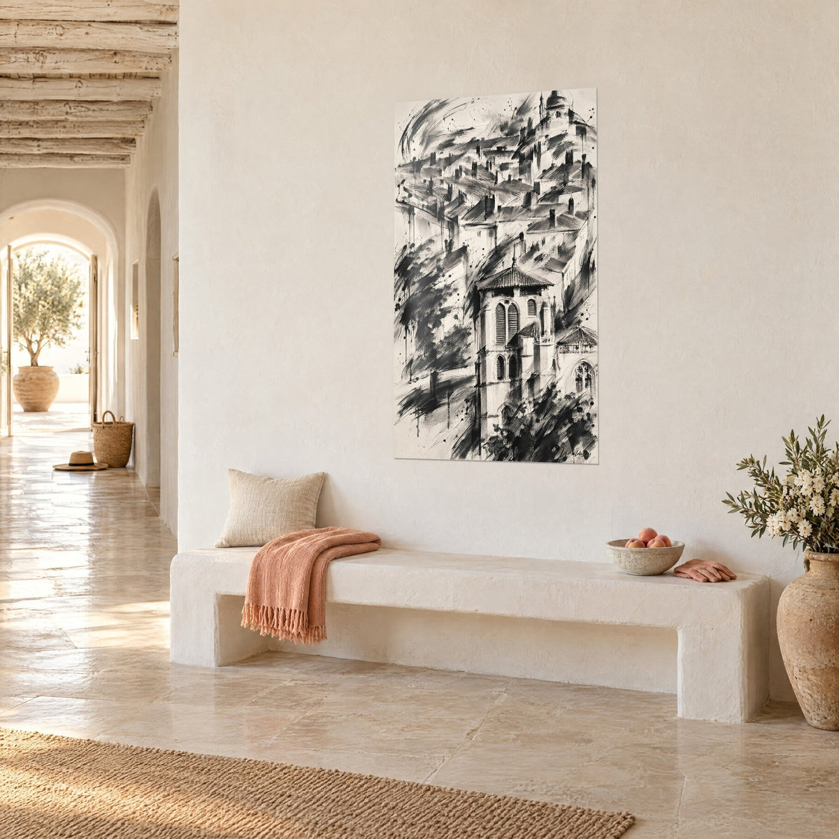 Wall art of a bell tower with tiled roof and Lyon facades, black ink splashes on ivory paper, lime-washed wall, white bench, three-quarter view