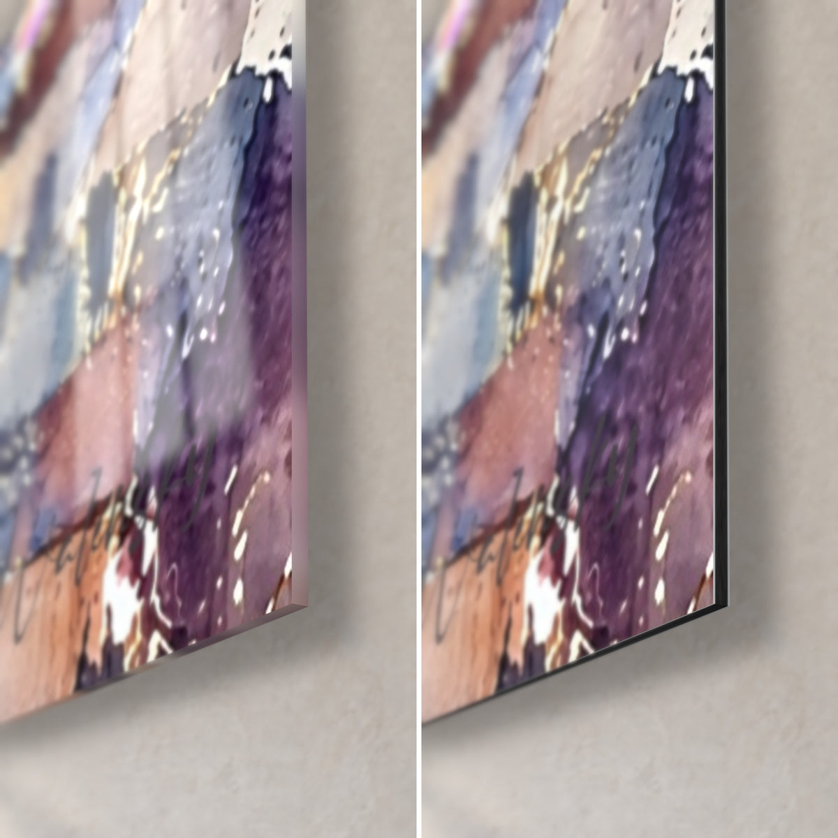 Gemälde Stadt mit ocker- und blaufarbenen Dächern, unten rechts: glänzendes Acrylglas mit Spiegelungen links, matter Dibond-Alu rechts
