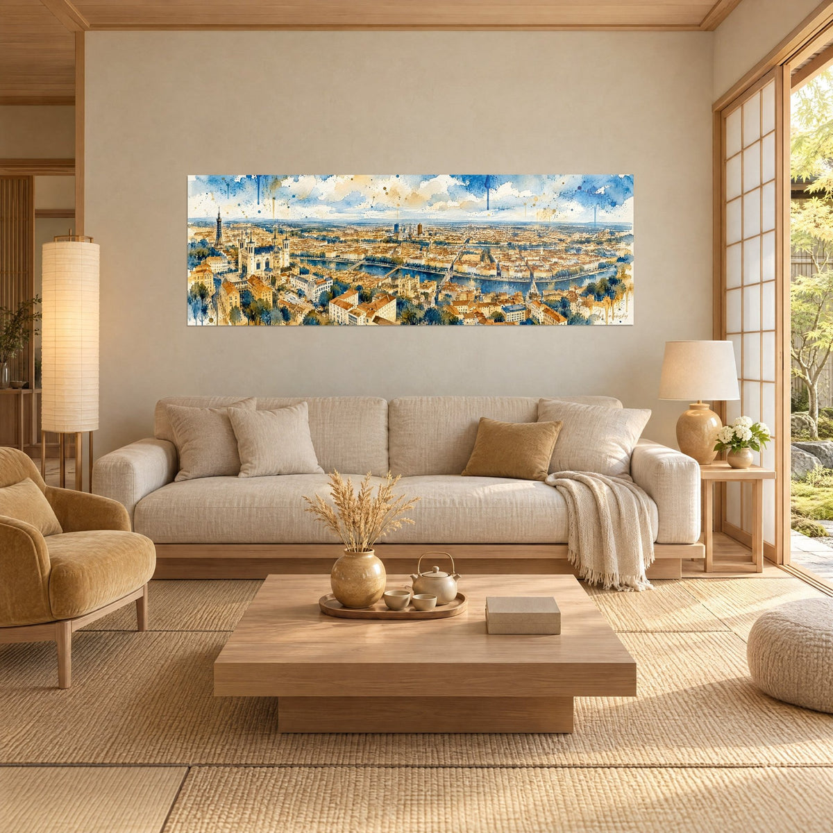 Gemälde Goldenes Panorama von ockerfarbenen Dächern unter einem aquarellierten blauen Himmel, Lauf am oberen Rand, über einem Sofa in einem hellen Wohnzimmer