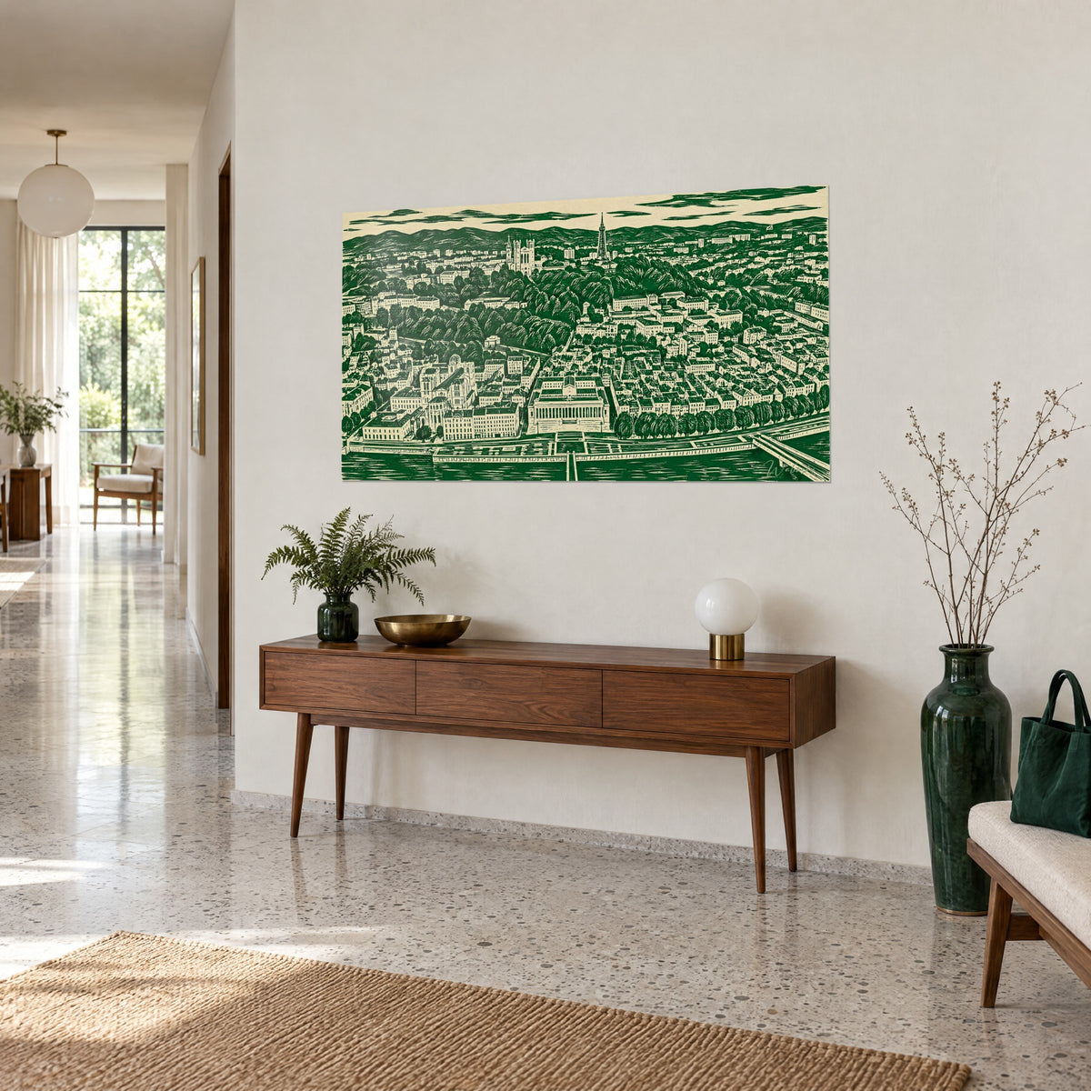 Quadro veduta aerea della città in linoleum verde intenso su fondo crema, basilica e torre, console in legno aperta su un corridoio