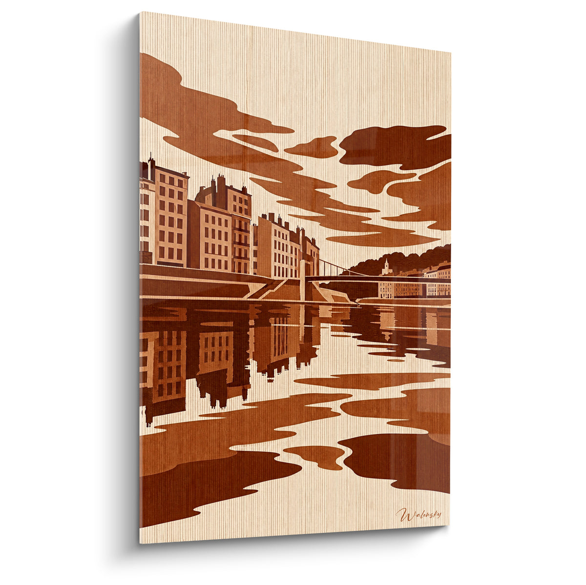 Gemälde Lyoner Uferpromenade in Ocker- und Brauntönen, aufgereihte Gebäude und stilisierte Spiegelungen auf der Saône