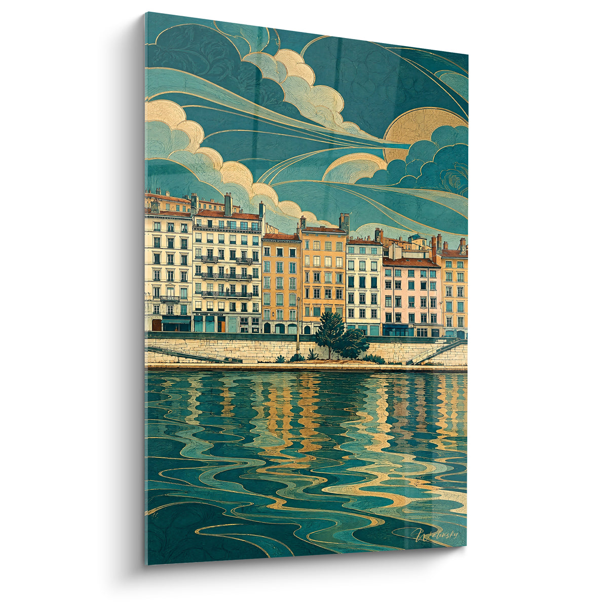 Dekoratives Gemälde mit pastellfarbenen Lyoner Fassaden und goldschimmerndem türkisblauem Himmel, der sich in der Saône spiegelt