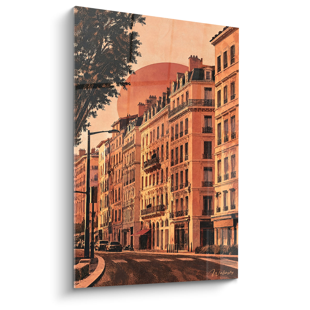 Rue lyonnaise aux façades ocre et terracotta sous un soleil stylisé, balcons en fer forgé noir