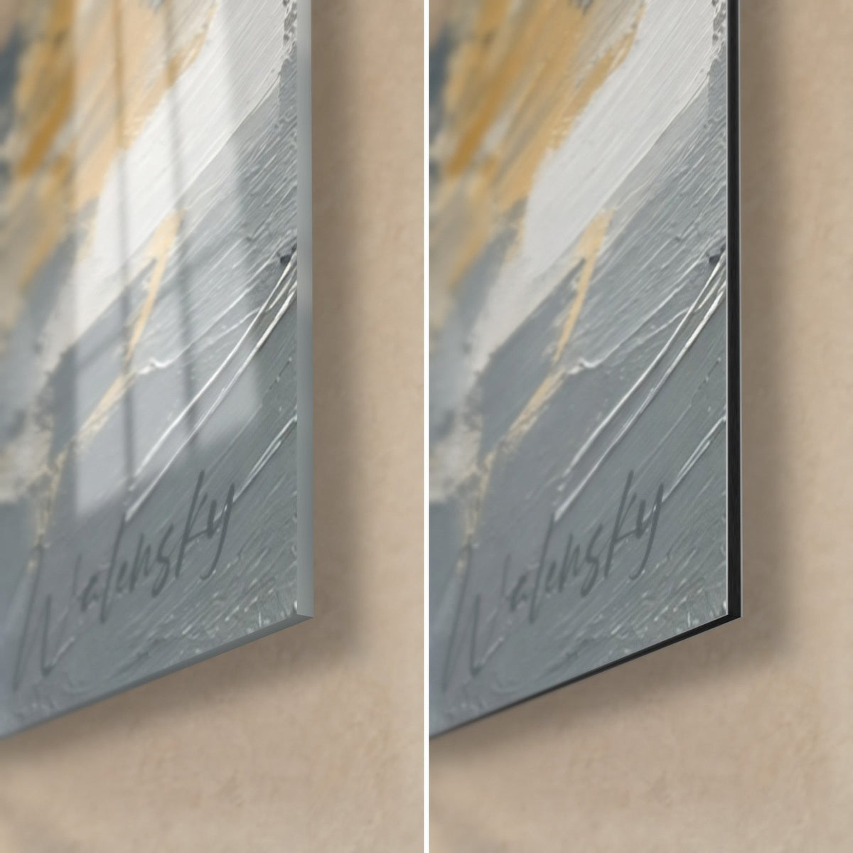 Quadro lungofiume di Lione, angolo in basso a destra, impasti grigi e ocra, firma Walensky, vetro lucido e Dibond nero opaco da 3 mm