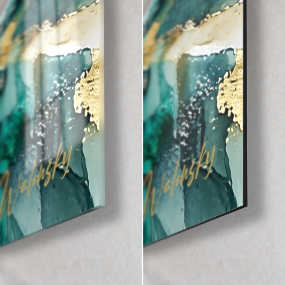 Gemälde Fourvière in Aquarell, untere rechte Ecke: glänzendes Glas links, mattes Dibond rechts, goldene und türkisfarbene Glanzlichter