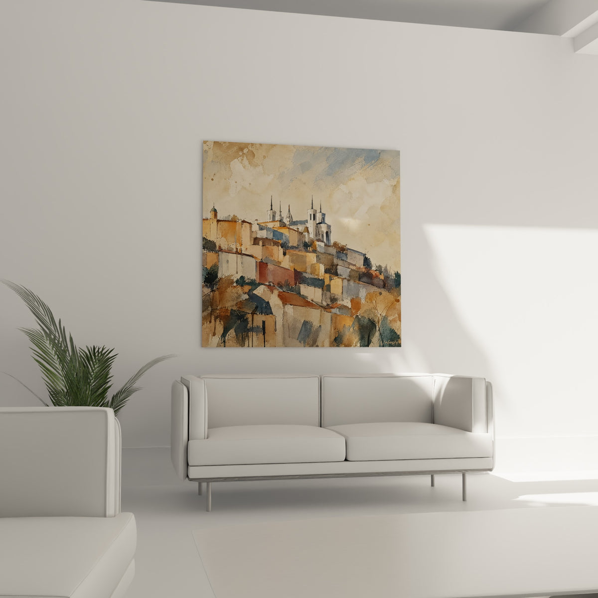 Cité perchée aux toits terracotta et touches bleu pastel, au-dessus d'un canapé dans un salon lumineux