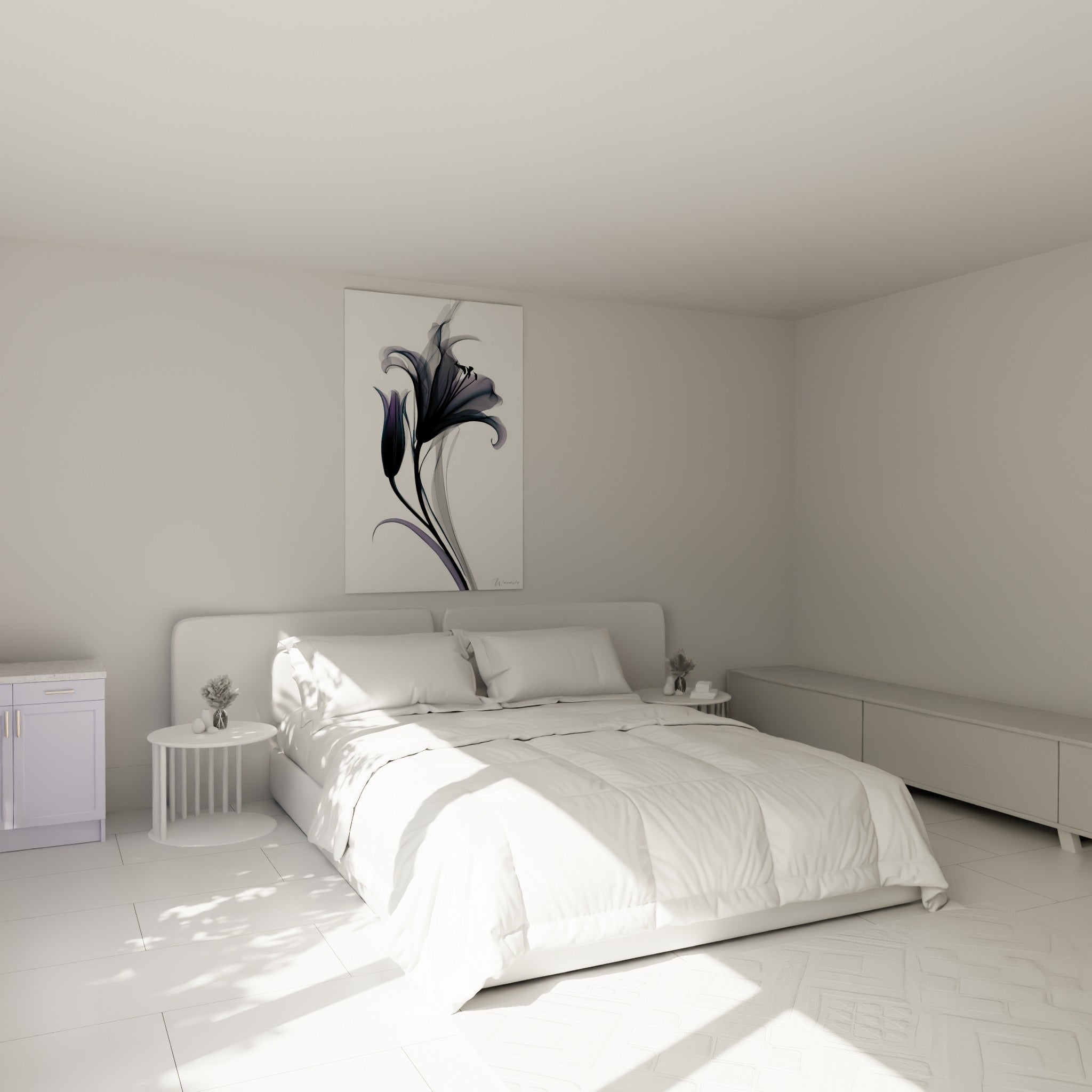 Fleur de lys anthracite et prune suspendue au-dessus d'un lit dans une chambre claire
