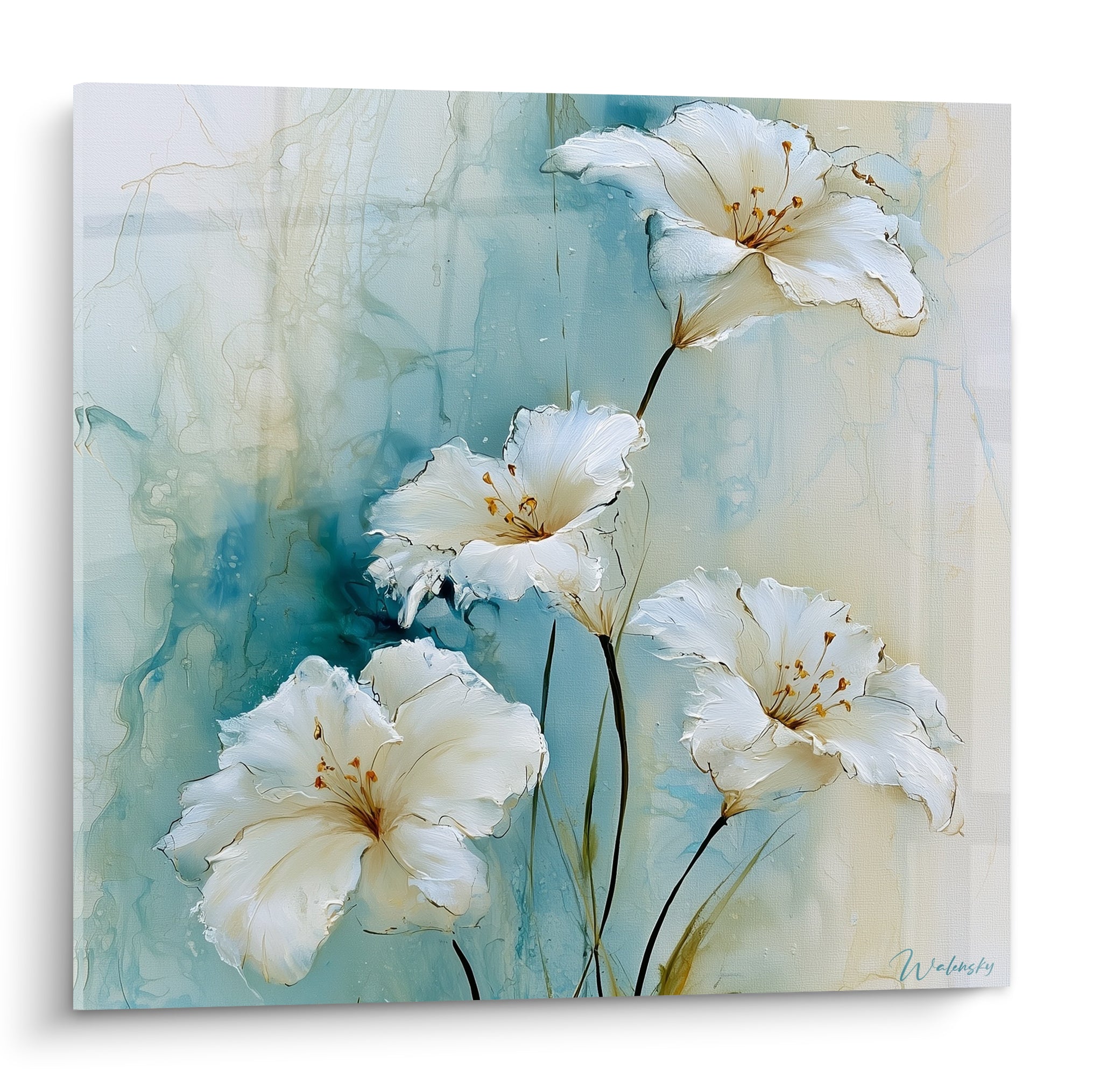 Lys blancs aux stigmates dorés se déploient sur fond bleu turquoise et ocre en aquarelle