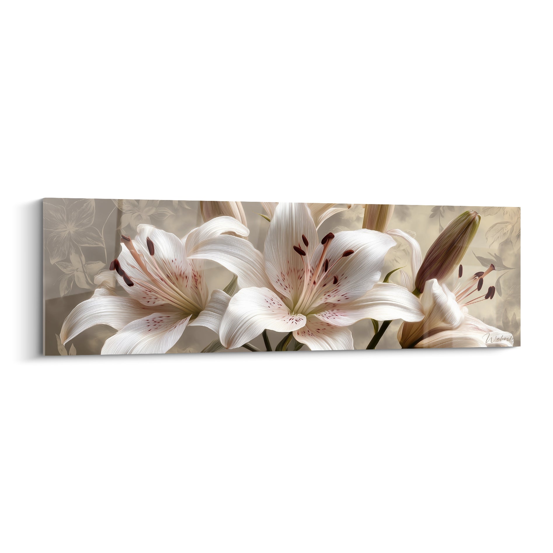 Lys blancs aux étamines brun-rouge, pétales veinés sur fond beige floral estompé