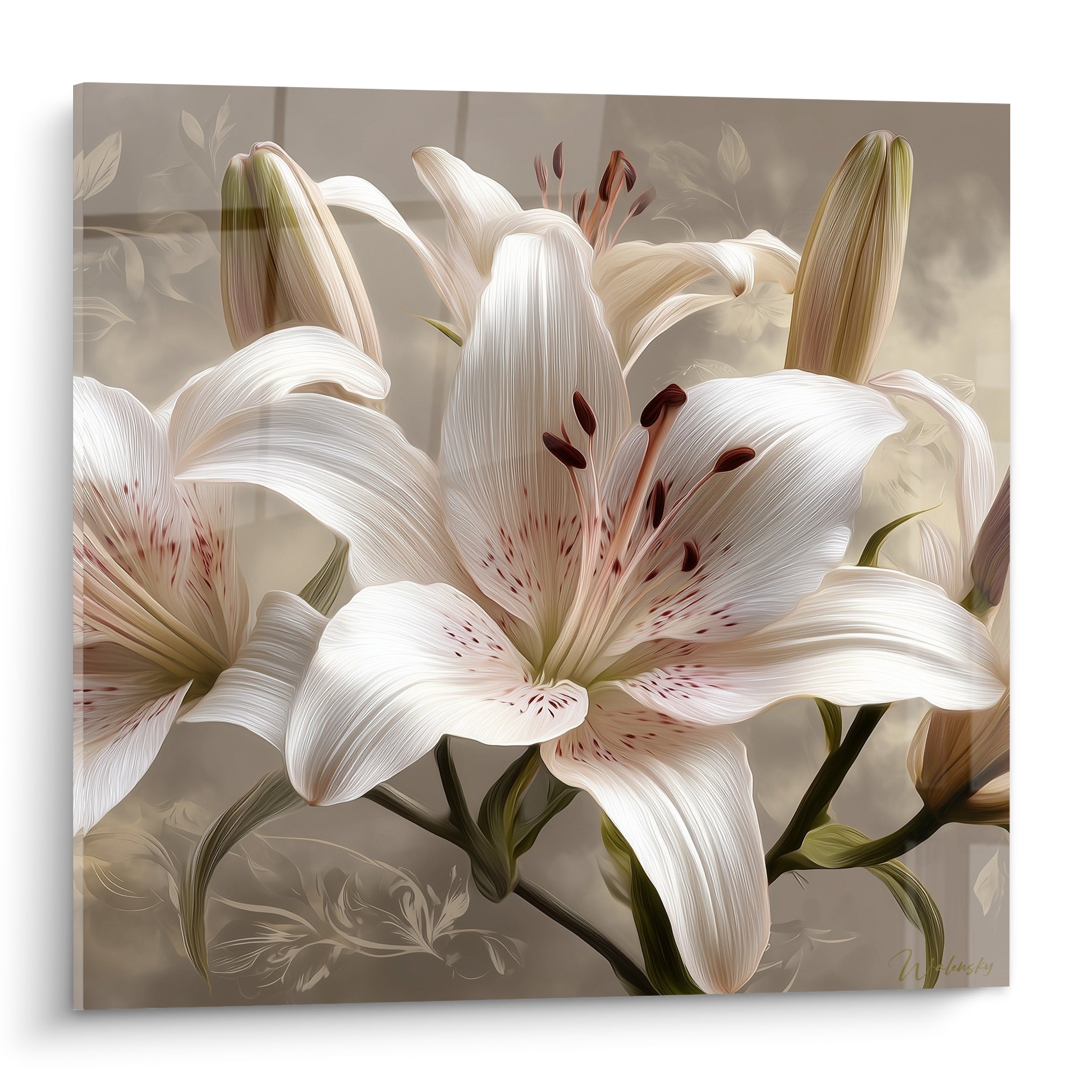 Lys blanc crème aux étamines brun rouge, pétales striés sur fond taupe orné de motifs floraux