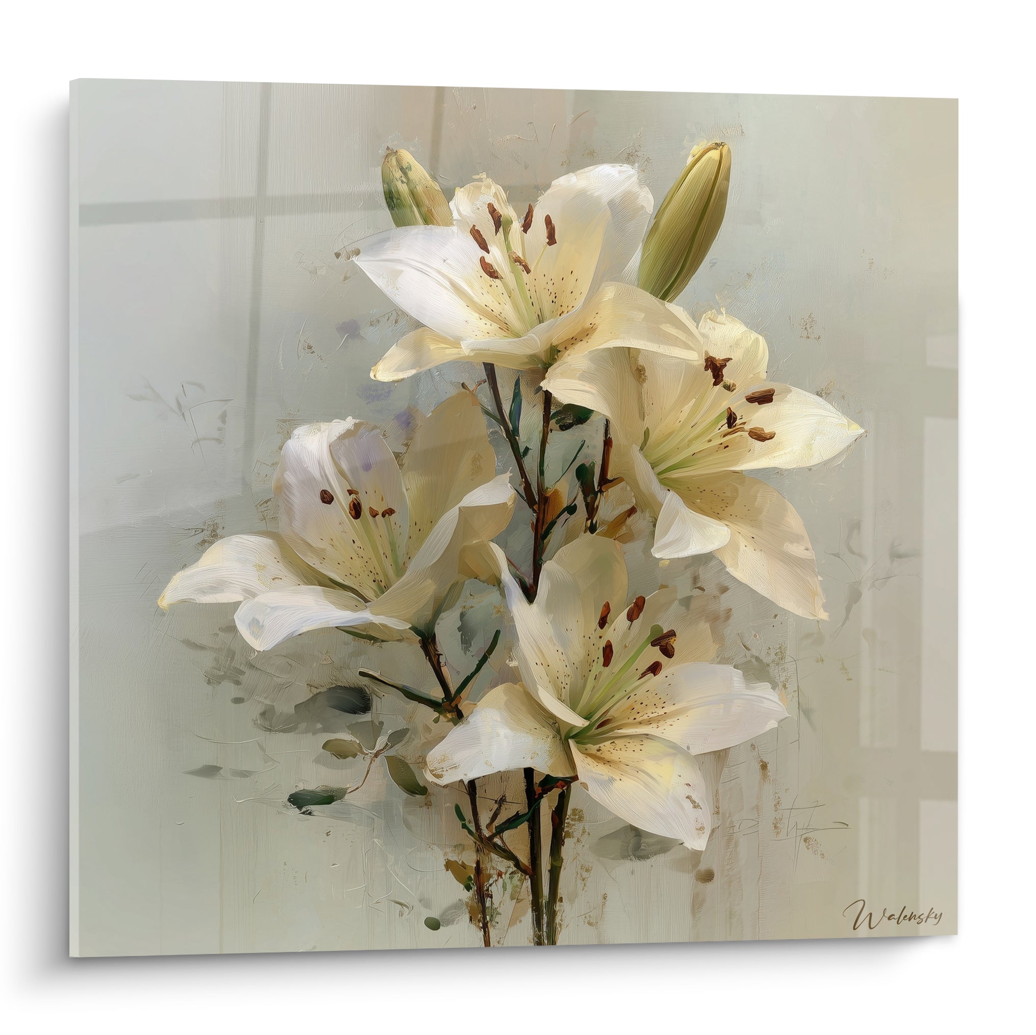 Lys blancs aux étamines brun rouille peints en larges touches sur fond beige et vert olive
