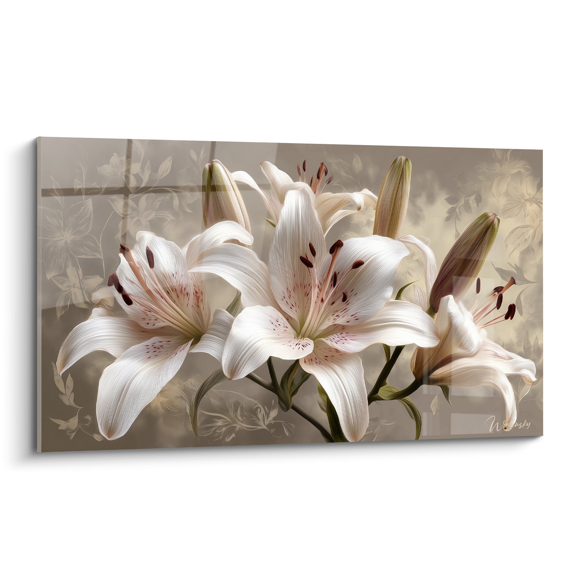 Lys blancs aux étamines cuivrées sur fond beige taupe orné d'un motif floral discret