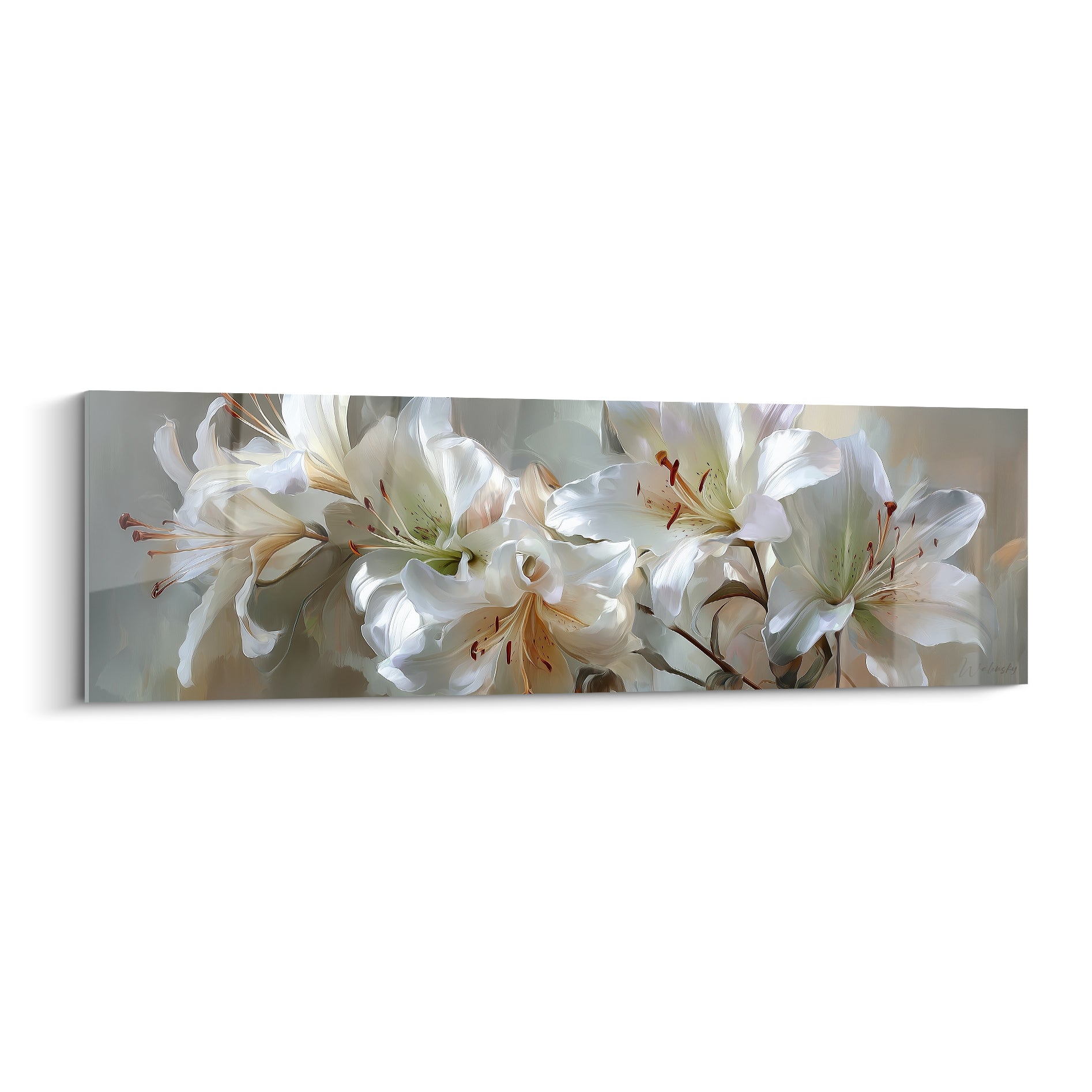 Lys blanc aux étamines cuivrées, pétales soyeux sur fond gris et beige doux