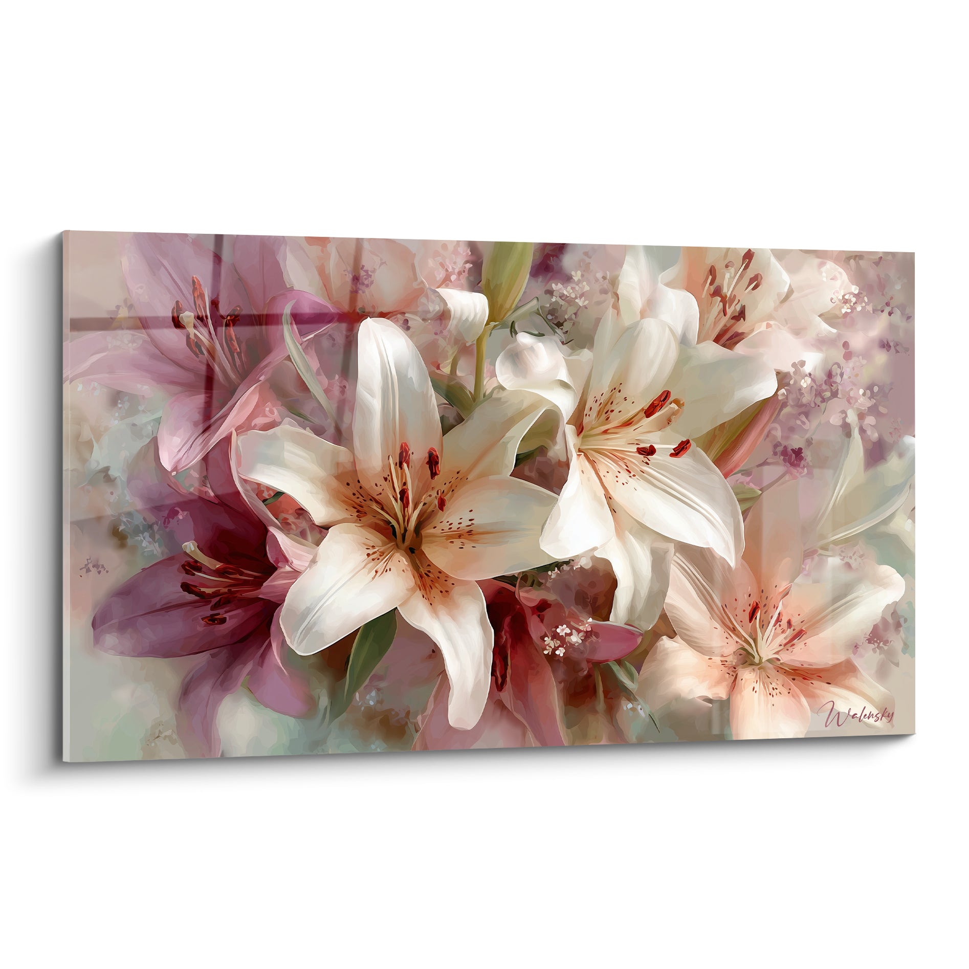 Lys blanc aux étamines orangées entouré de pétales rose pourpre en aquarelle délicate