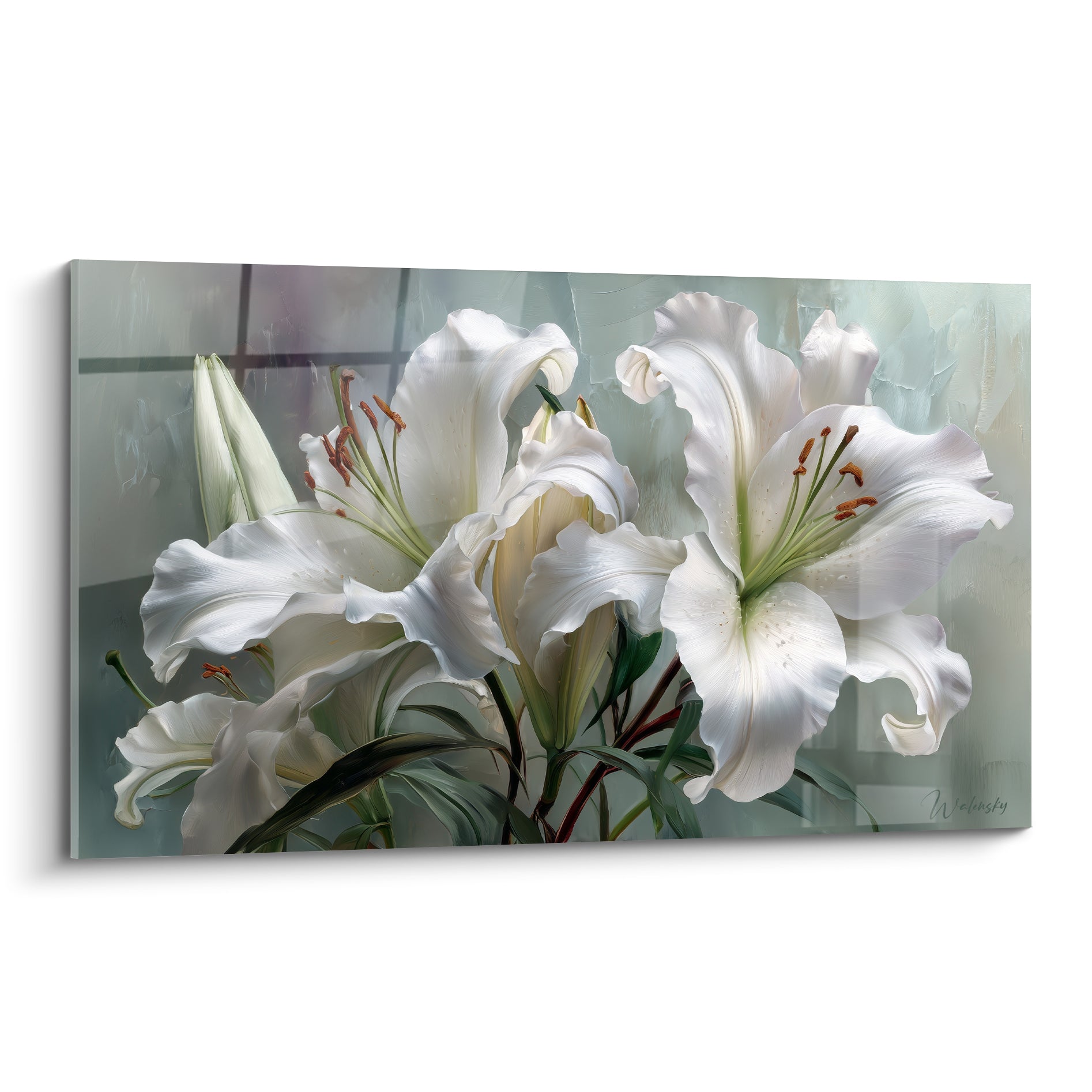 Lys blanc aux étamines ocre déployé sur fond vert sauge texturé, style peinture raffinée