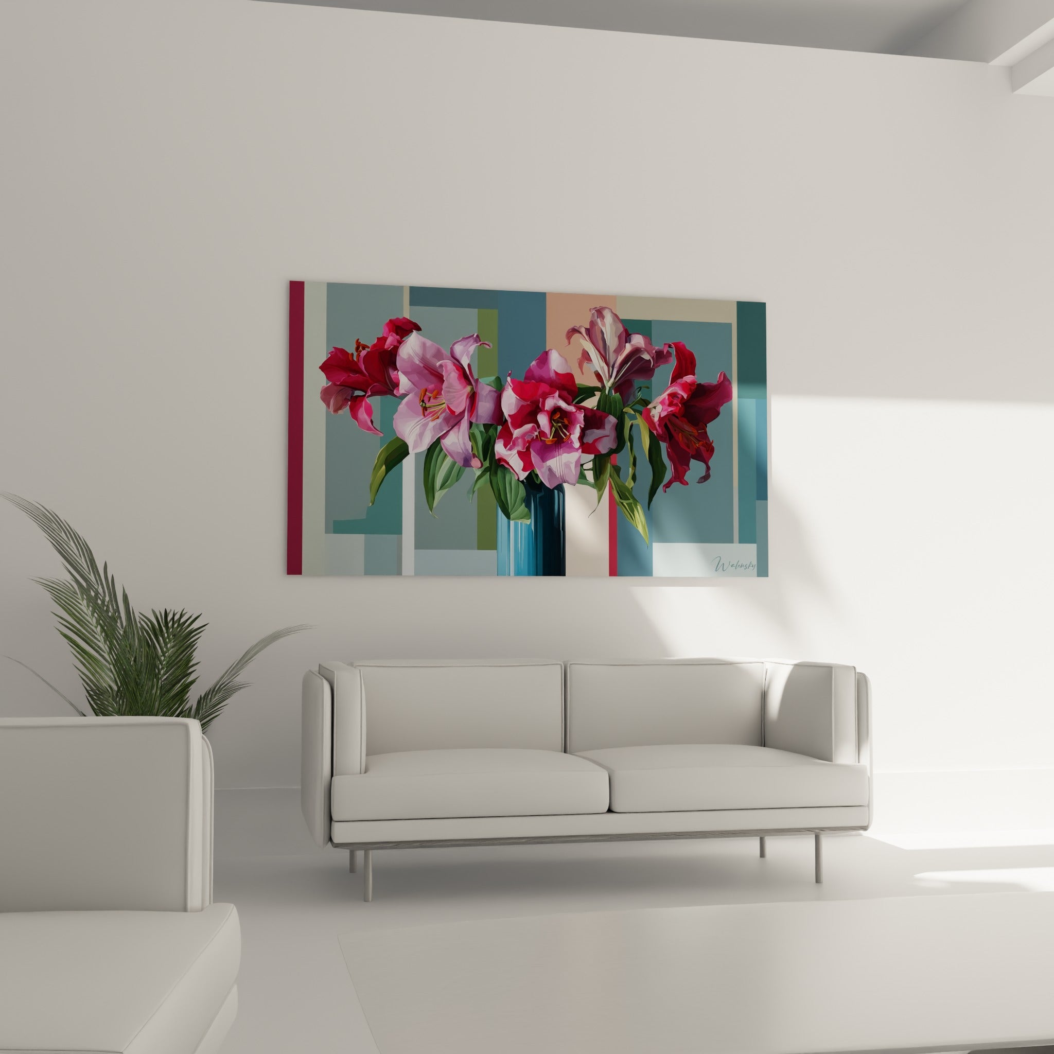 Pétales de lys blancs et fuchsias entourés de feuilles vertes, au-dessus d'un canapé dans un salon lumineux
