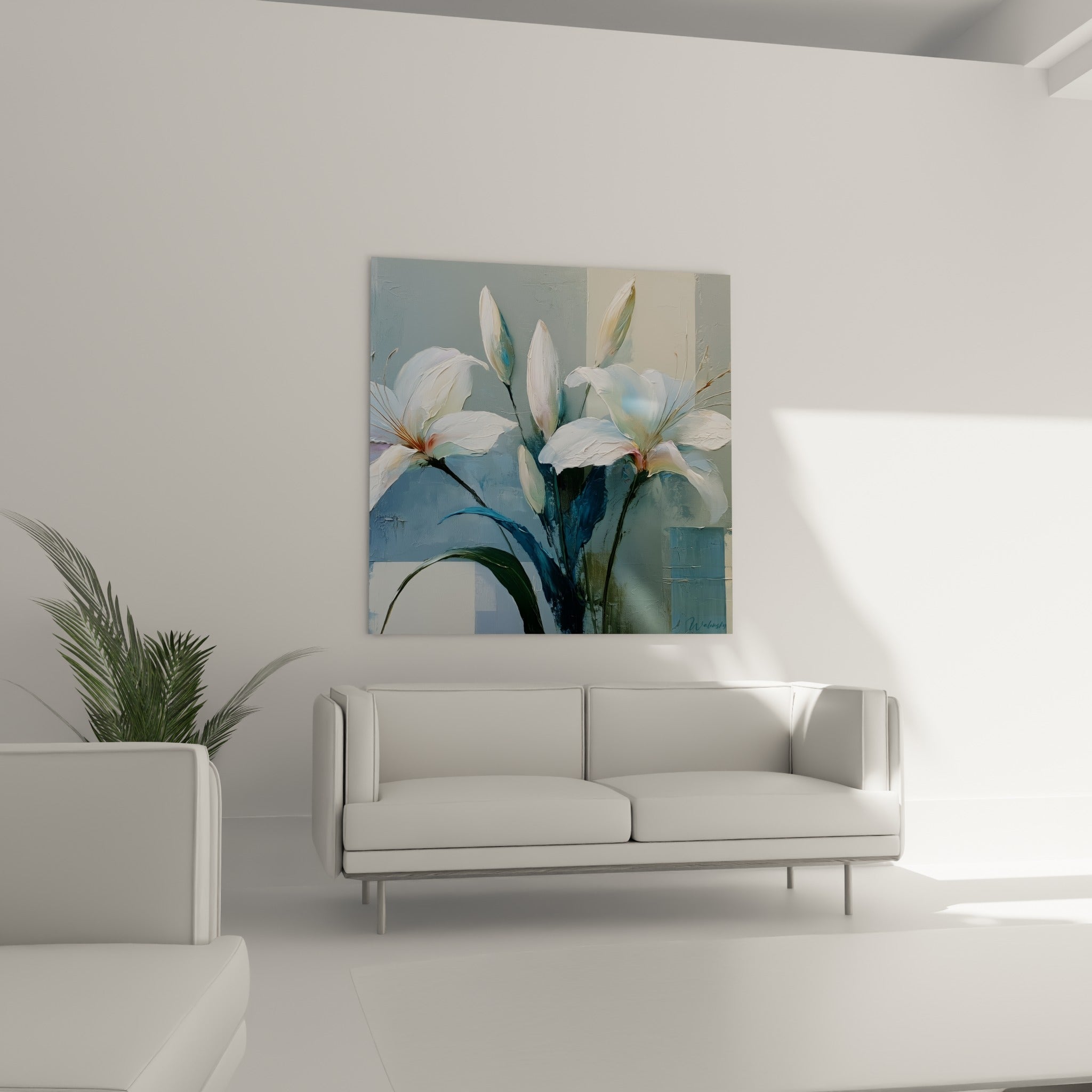 Lys blanc et bouton fermé peints en relief, suspendus au-dessus d'un canapé dans un salon lumineux