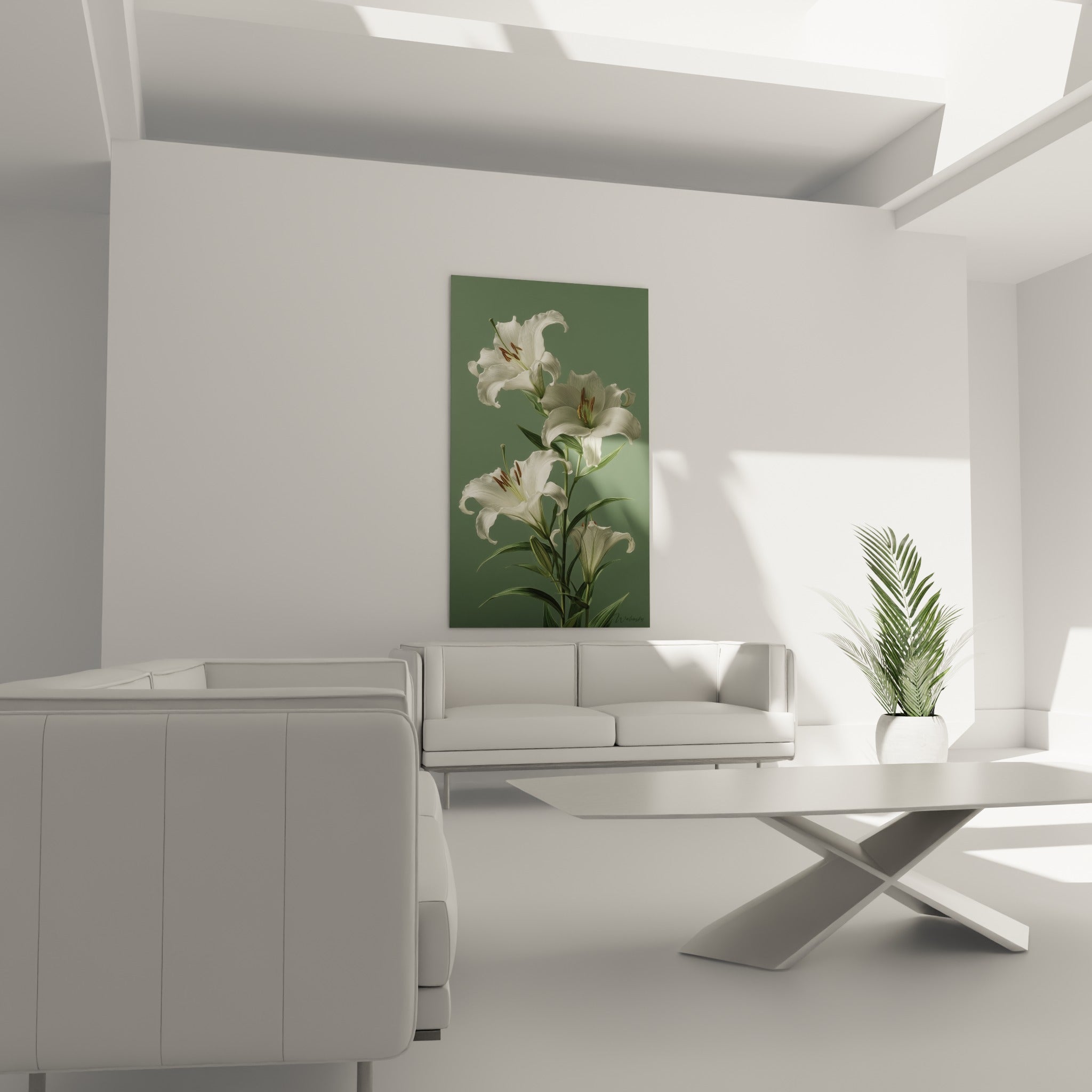 Fleurs de lys blanches aux nuances ocre disposées au-dessus d'un canapé dans un salon lumineux