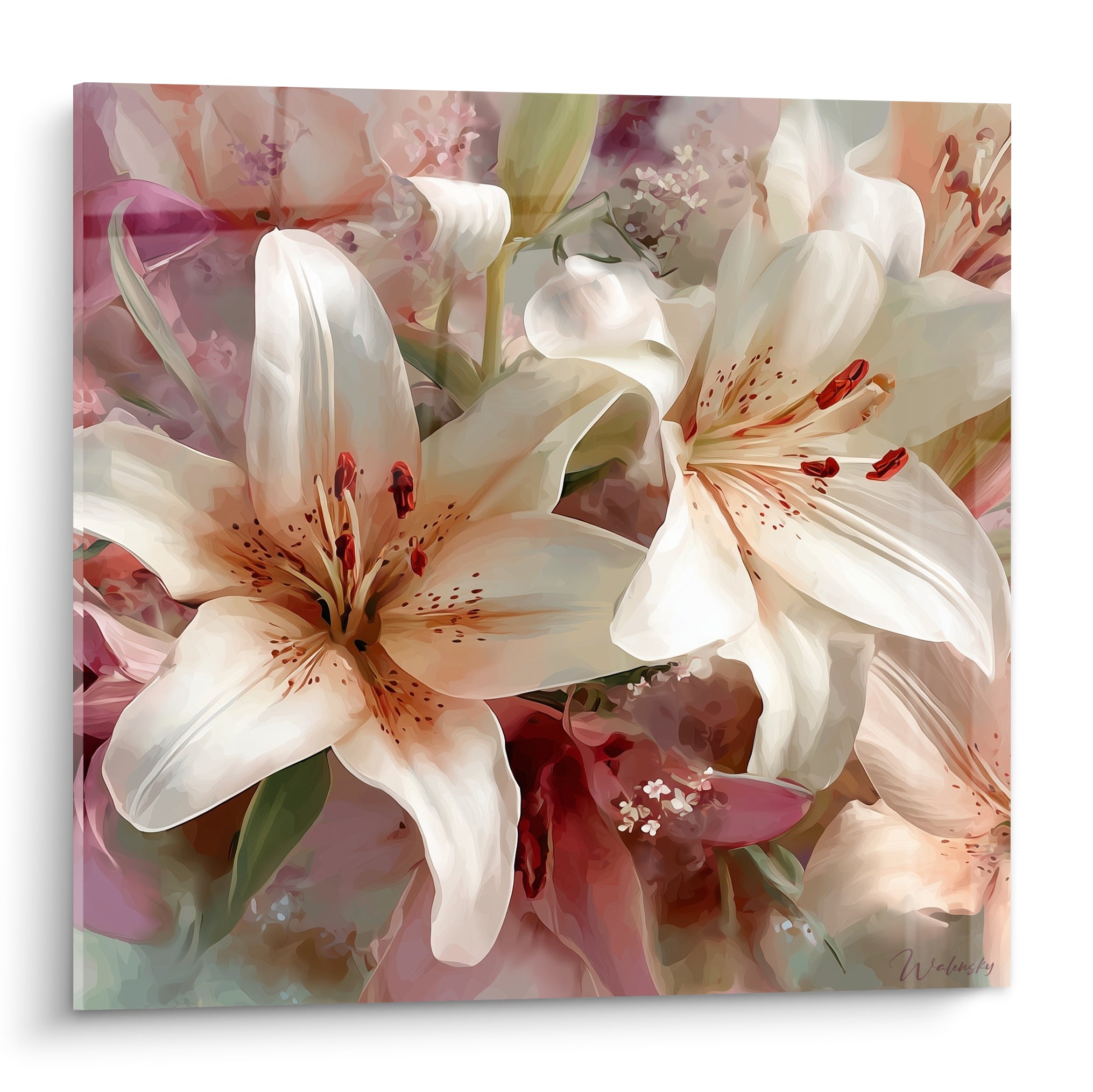 Lys blancs aux étamines rouge carmin sur fond rosé et terracotta, tableau floral détaillé