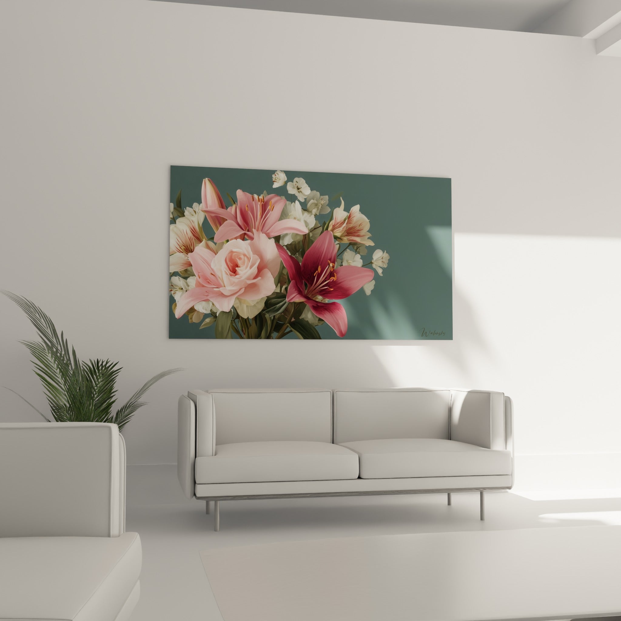 Fleurs de lys aux teintes roses et bordeaux disposées au-dessus d'un canapé dans un salon lumineux
