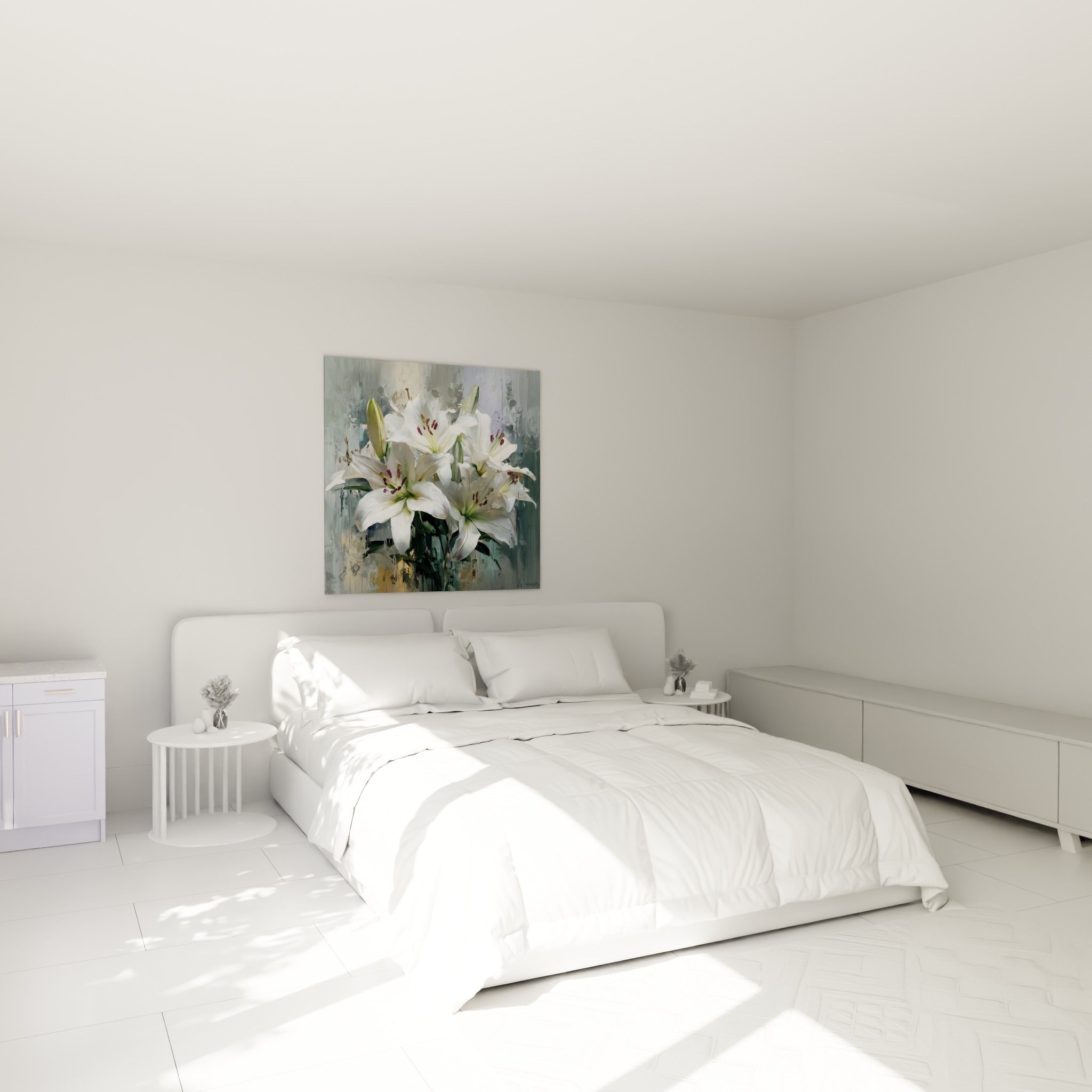 Bouquet de lys blancs et pourpres suspendu au-dessus d'un lit dans une chambre claire