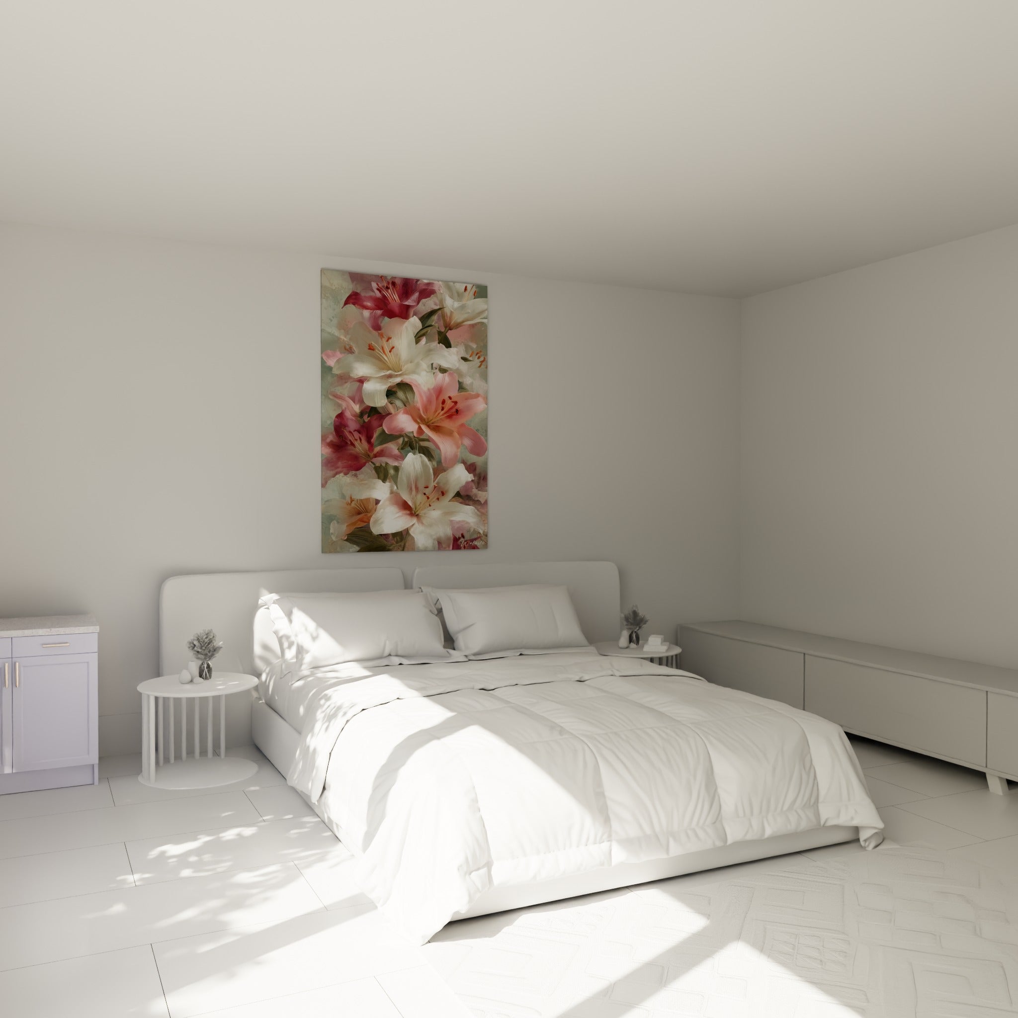 Bouquet de lys blanc et rose fuchsia accroché au-dessus d'un lit dans une chambre claire