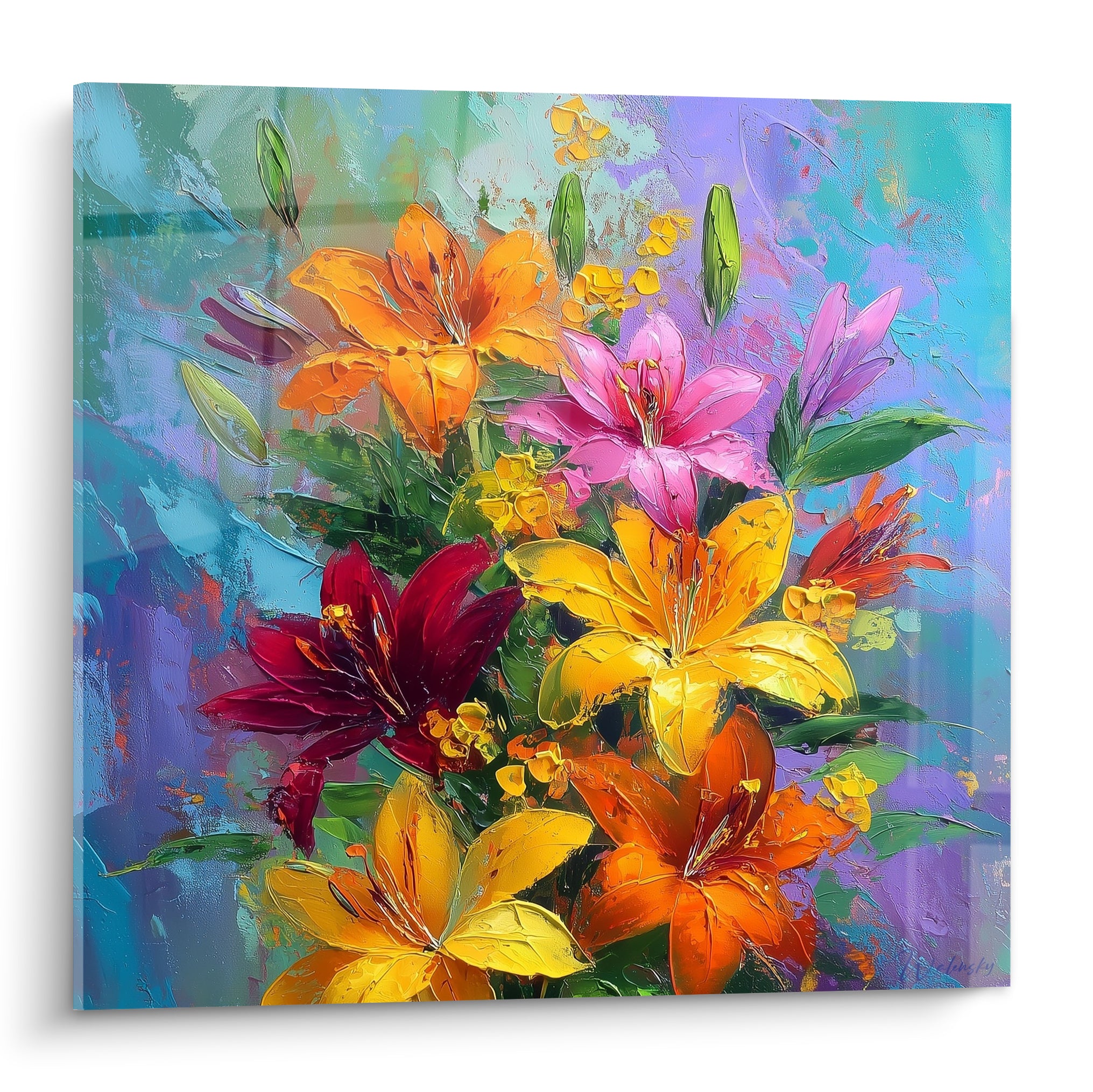 Bouquet de lys jaune, orange et bordeaux peint en empâtements sur fond turquoise vaporeux