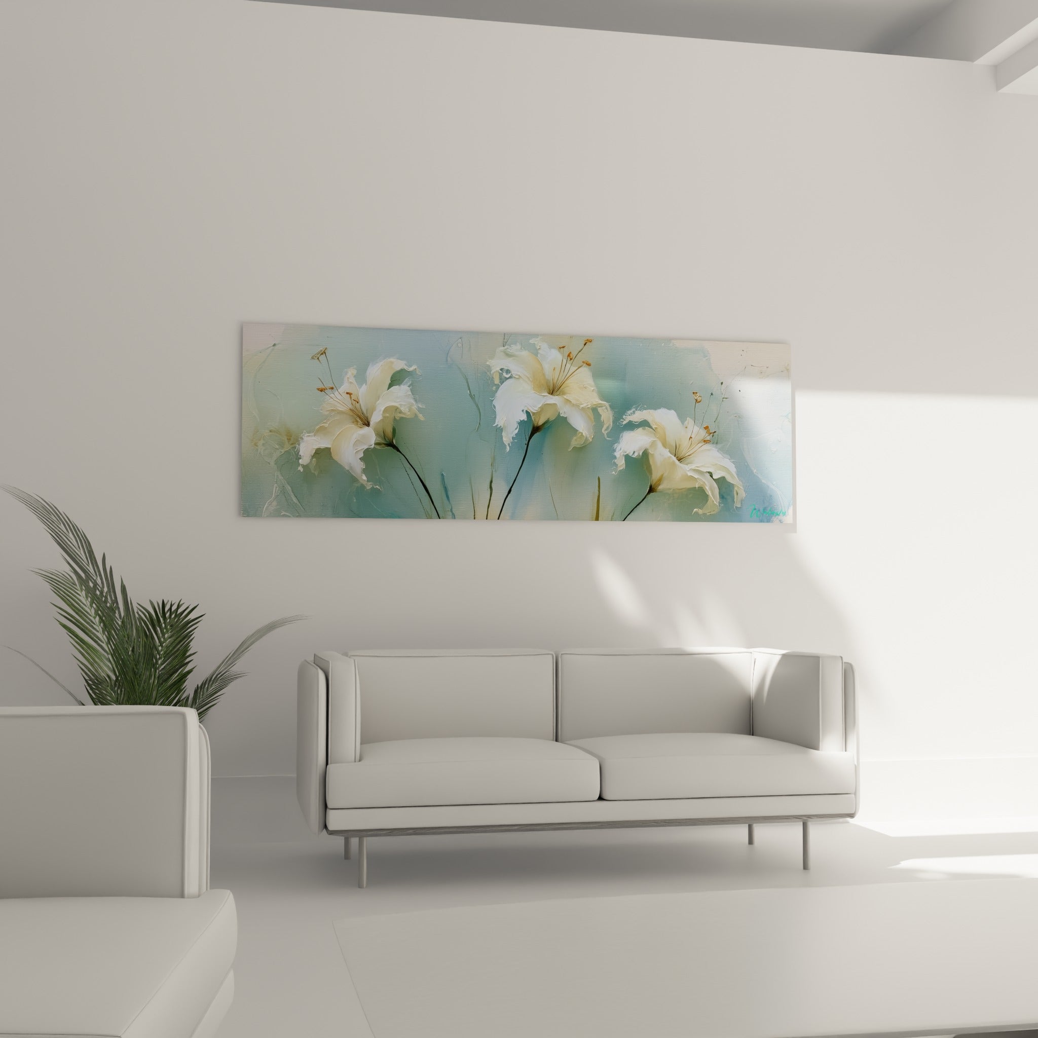 Bouquet de lys ivoire et doré, touches picturales épaisses, au-dessus d'un canapé dans un salon lumineux