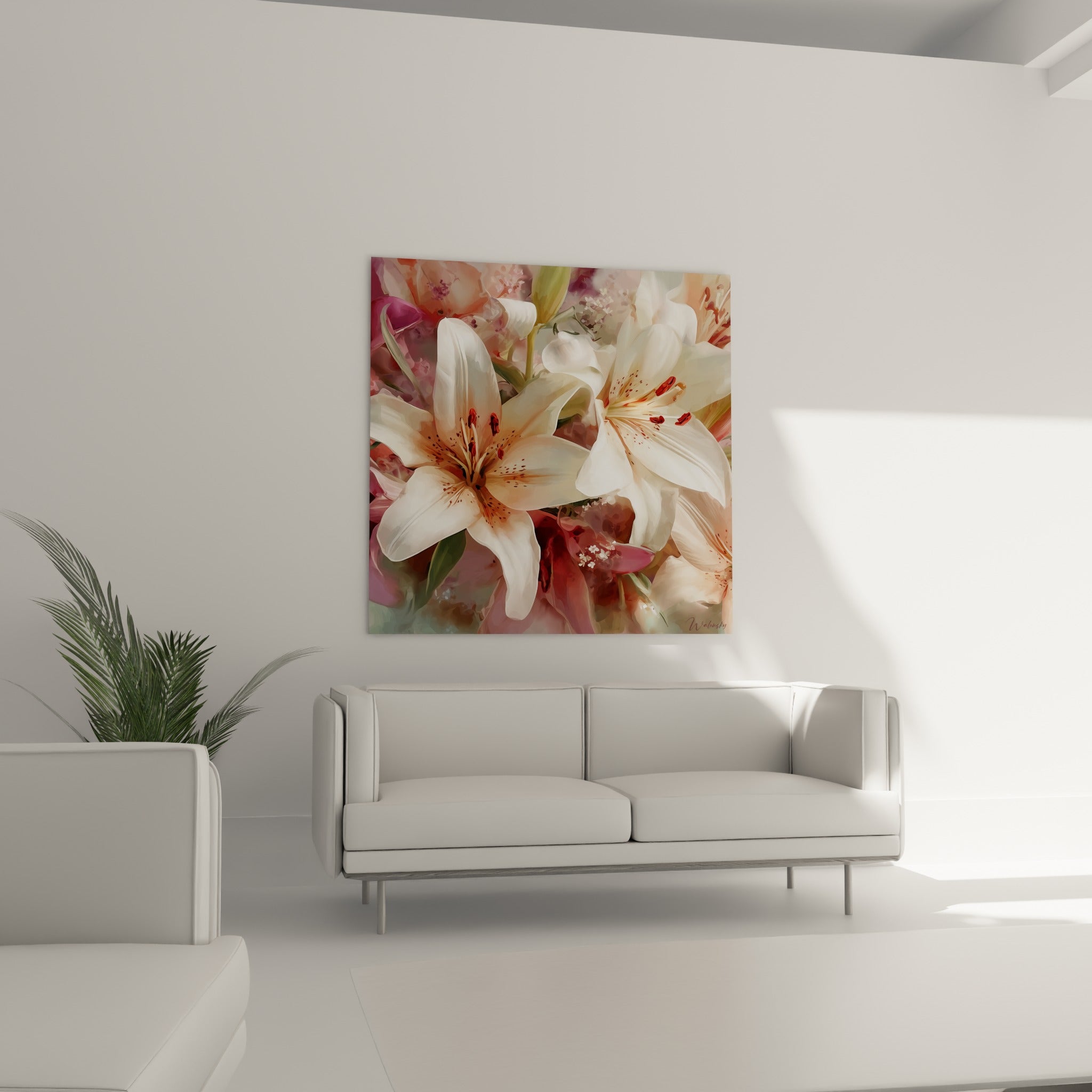 Bouquet de lys blancs et roses estompés en arrière-plan, tableau placé au-dessus d'un canapé dans un salon lumineux