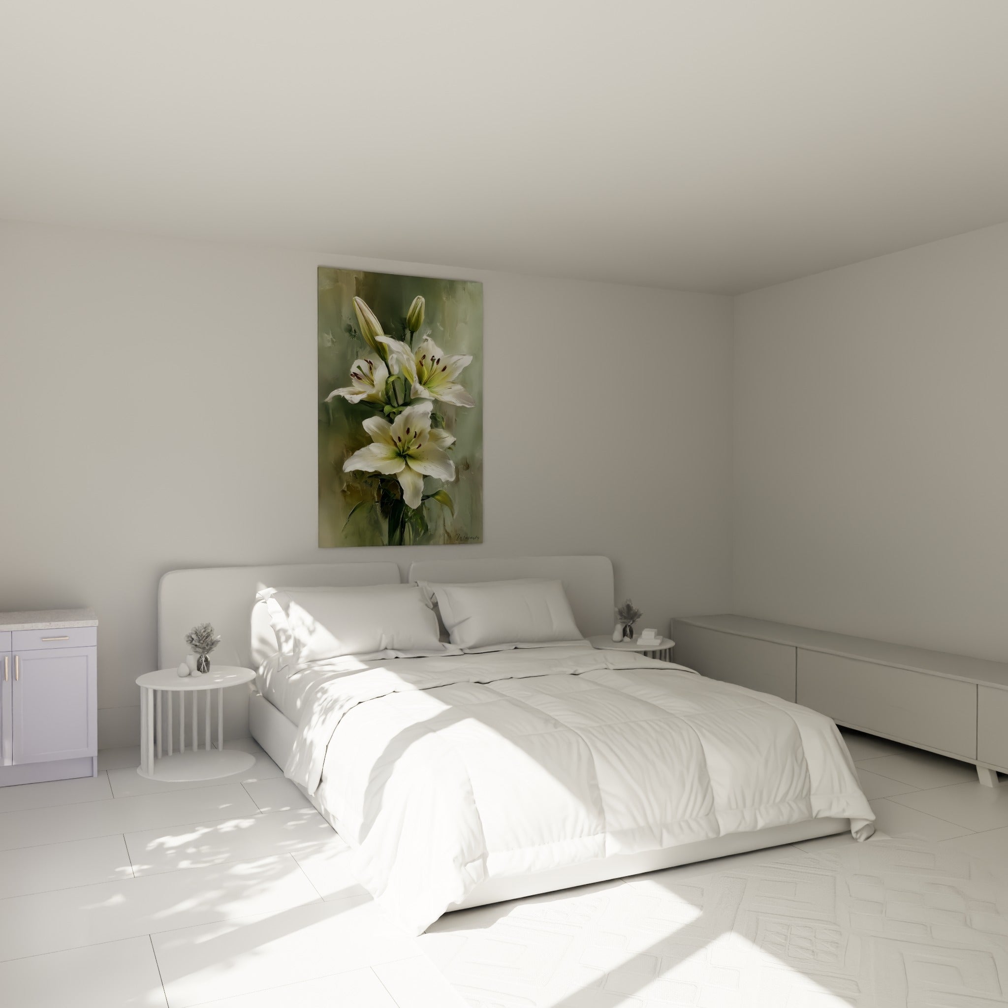 Bouquet de lys blanc et pourpre accroché au-dessus d'un lit dans une chambre claire