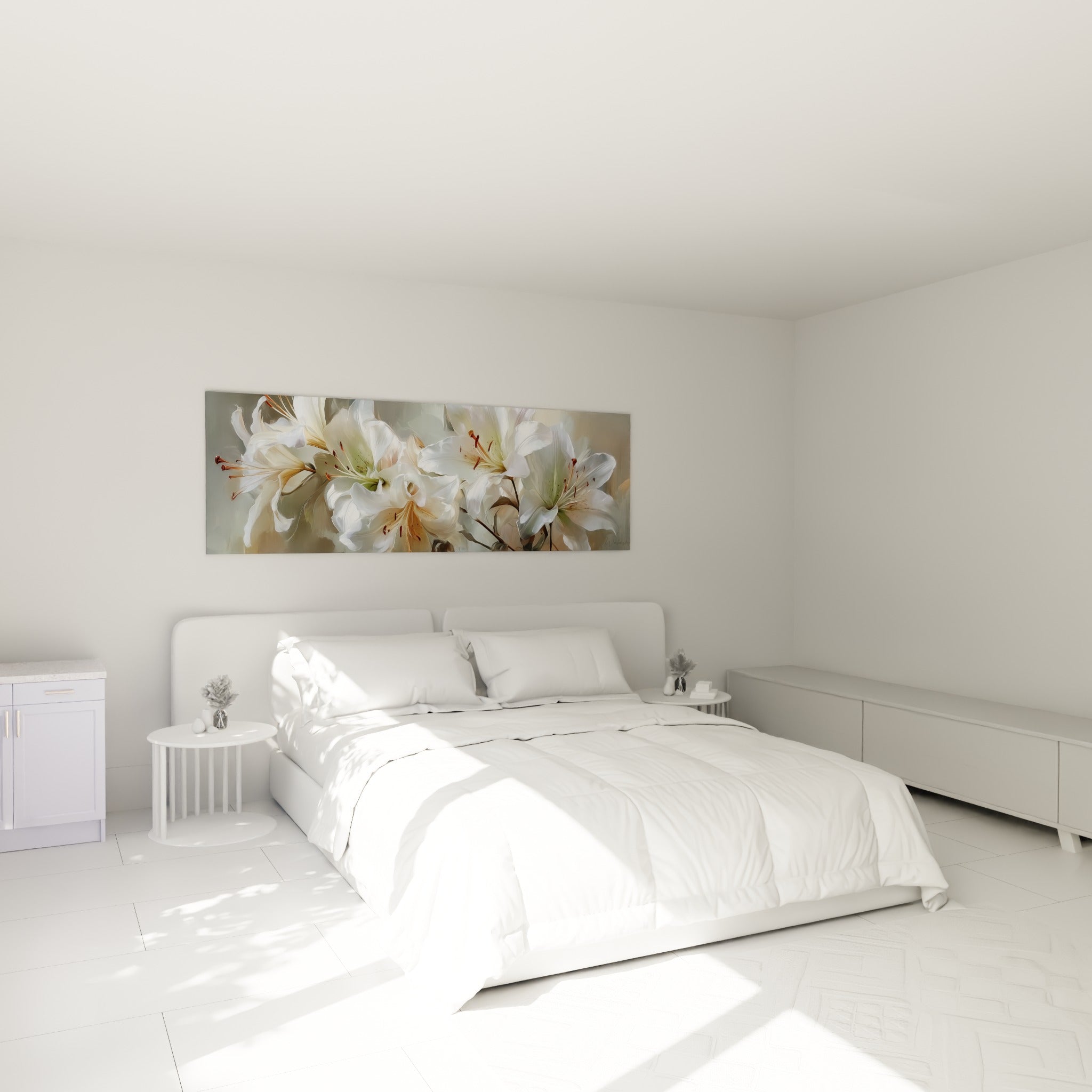 Bouquet de lys blancs et crème, composition apaisante au-dessus d'un lit dans une chambre claire