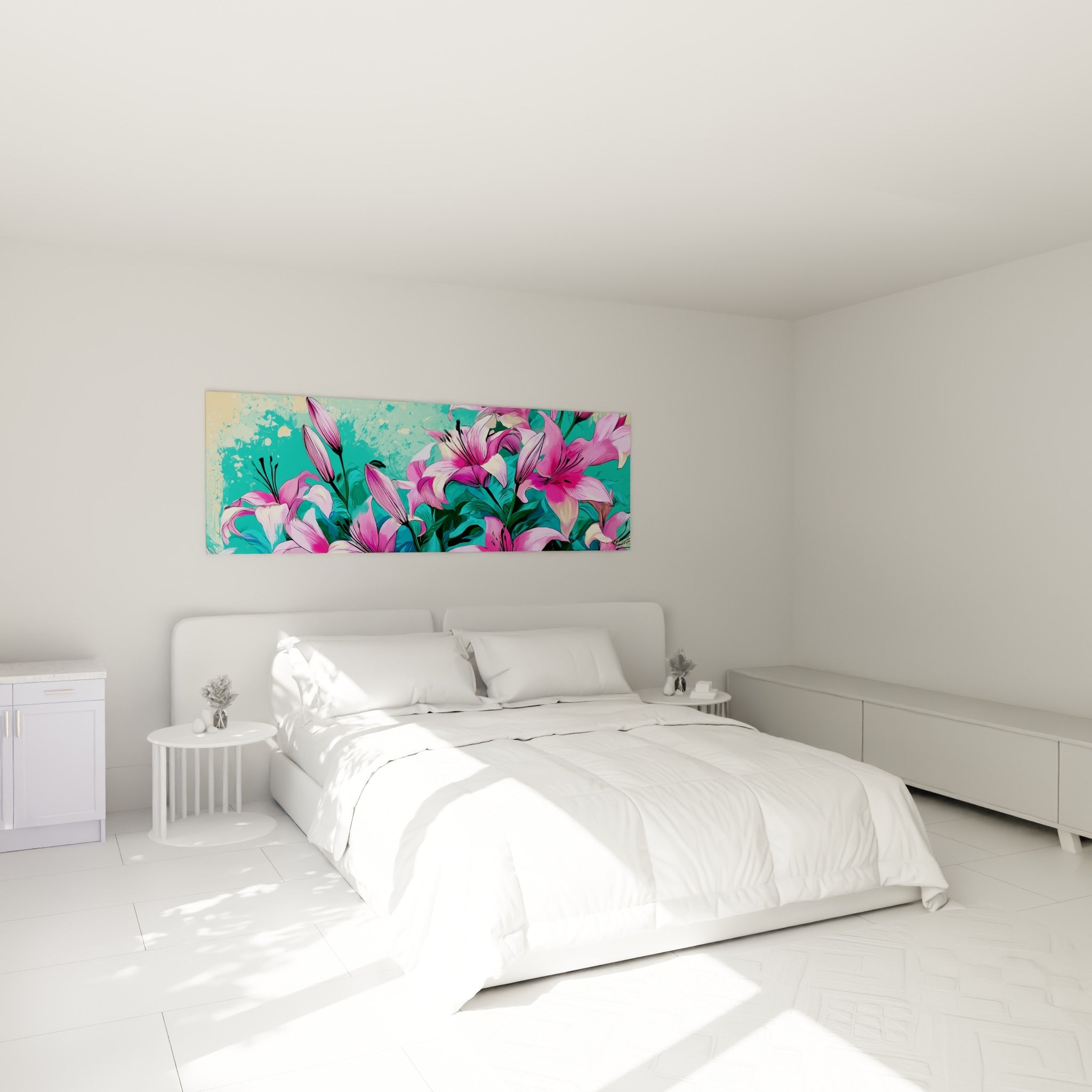 Bouquet de lys fuchsia et turquoise au-dessus d'un lit dans une chambre claire et lumineuse