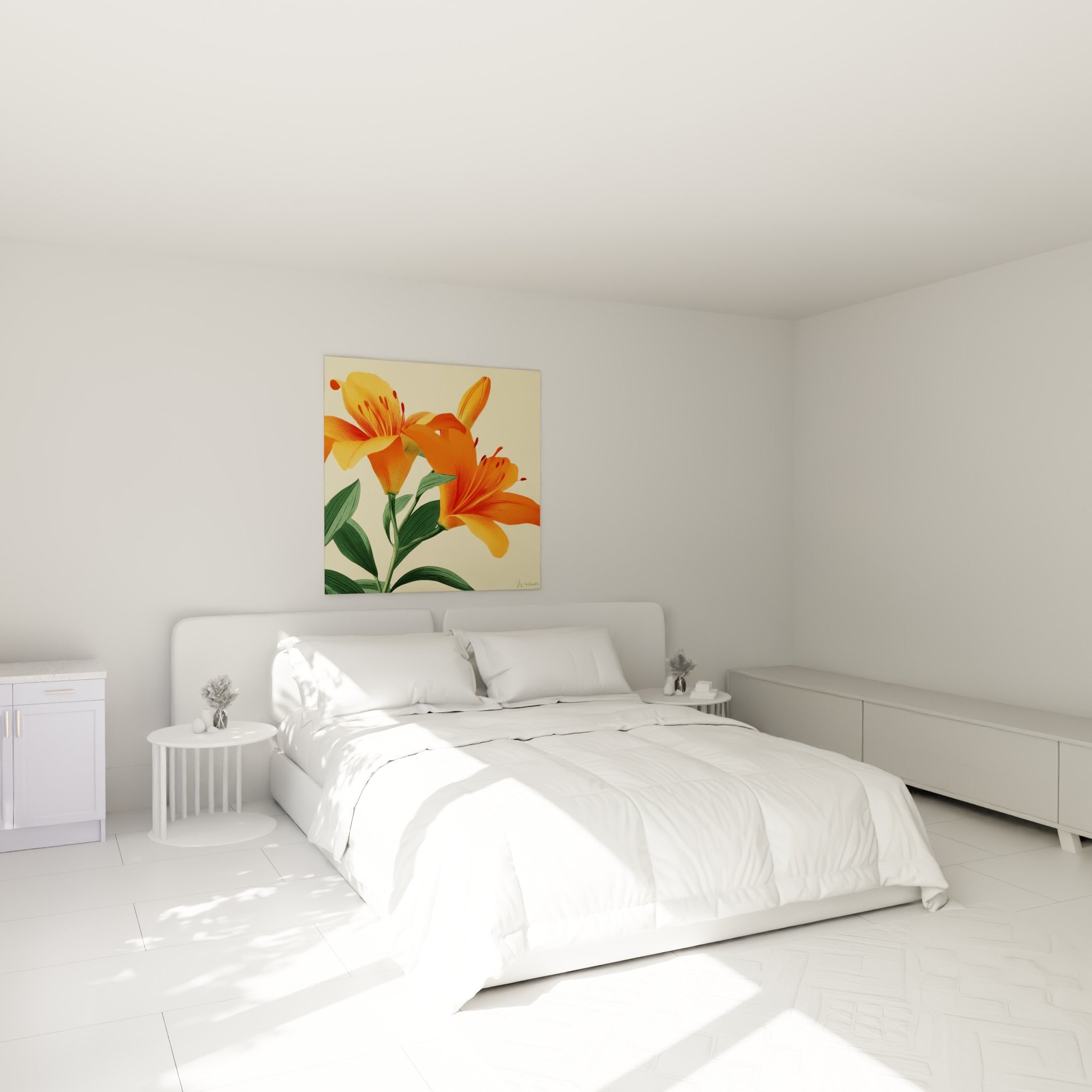 Fleurs de lys orange et feuilles vertes surplombent un lit dans une chambre claire
