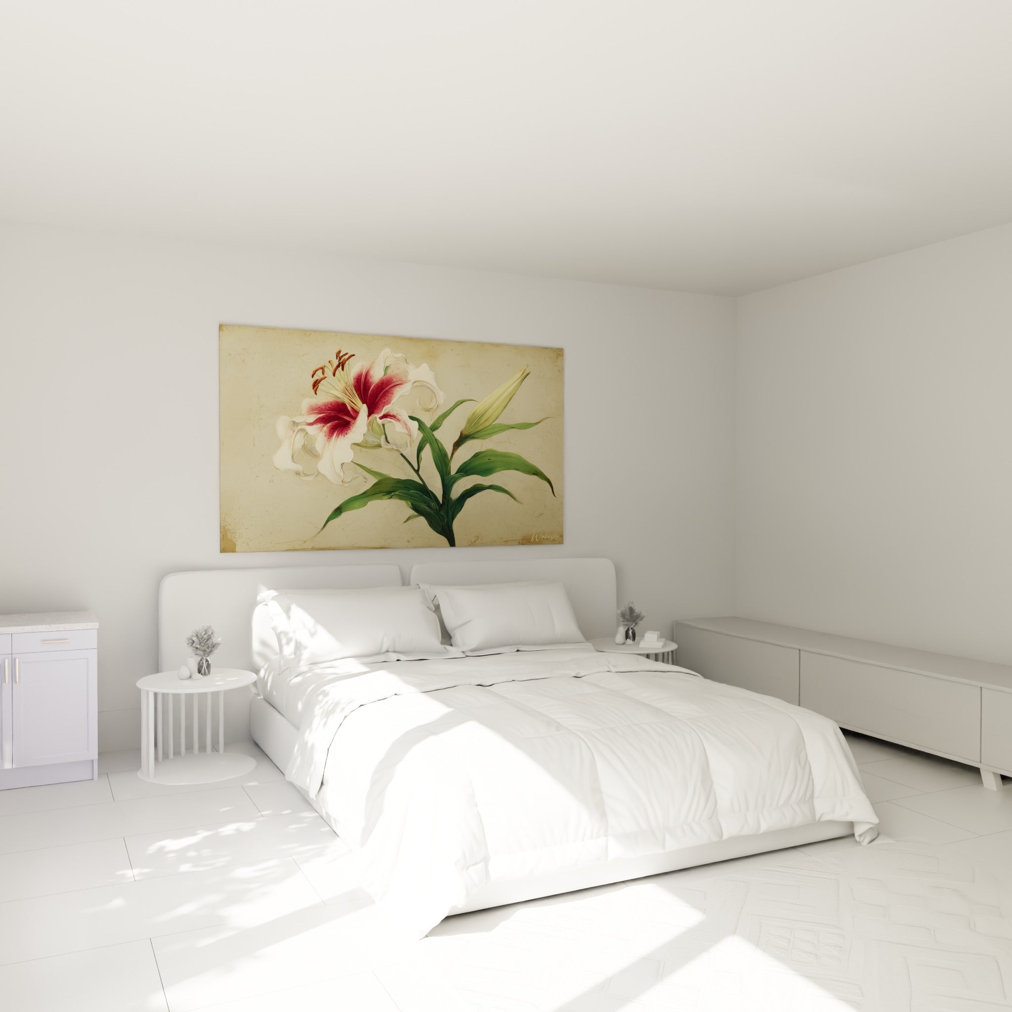 Fleur de lys rose et blanche peinte sur fond beige, accrochée au-dessus d'un lit dans une chambre claire