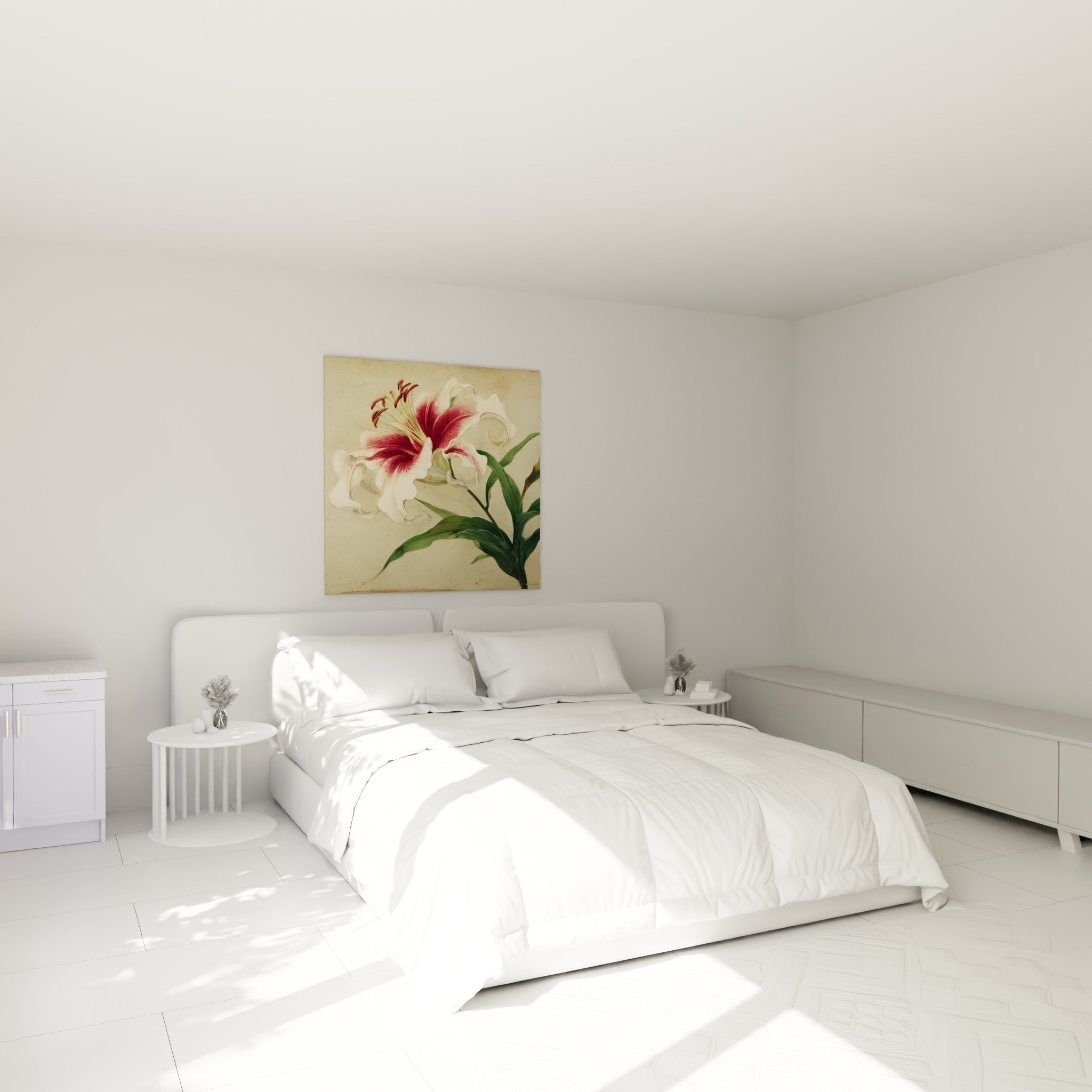 Fleur de lys rose et crème aux pétales recourbés au-dessus d'un lit dans une chambre claire