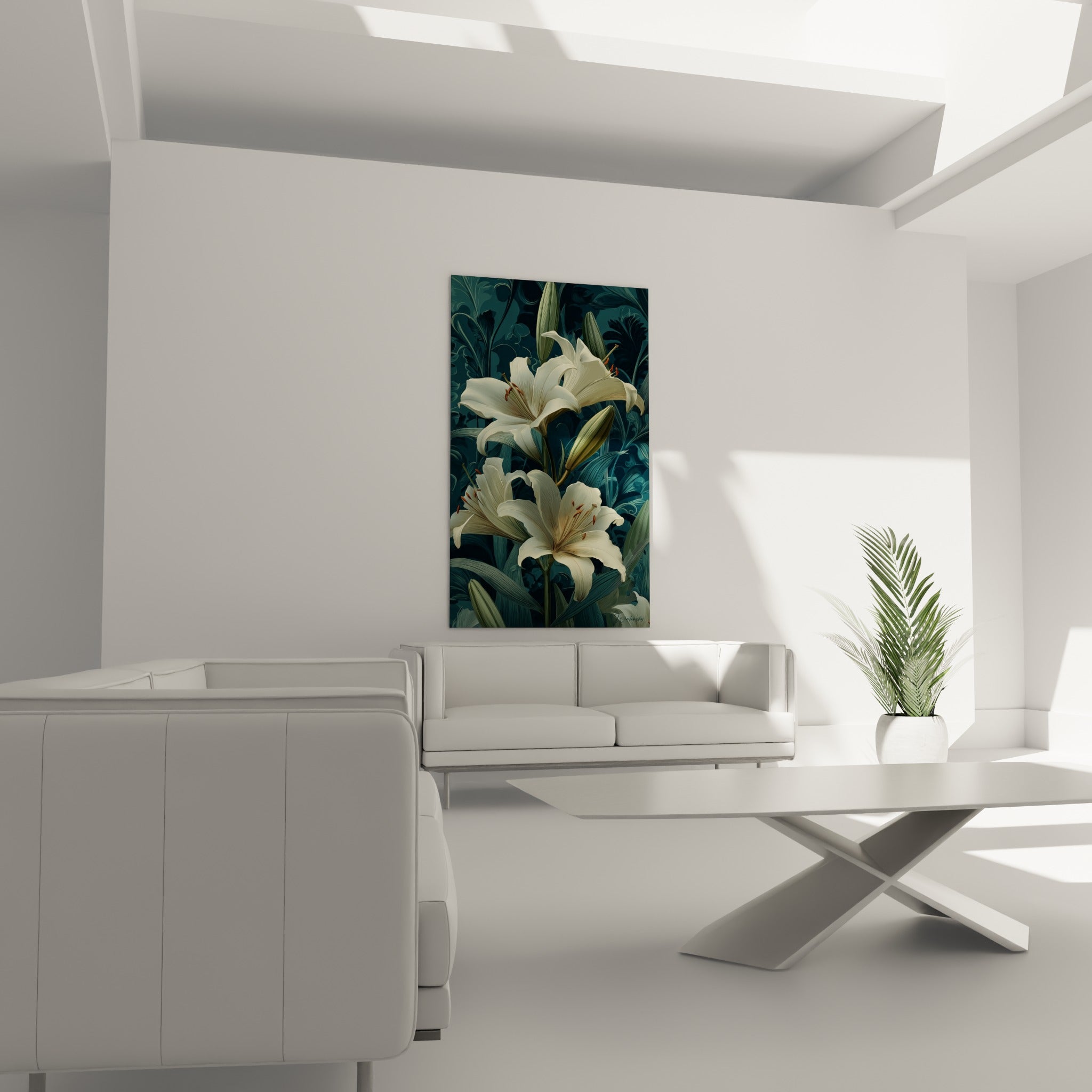 Corolles de lys ivoire et feuillage sarcelle disposés au-dessus d'un canapé dans un salon lumineux