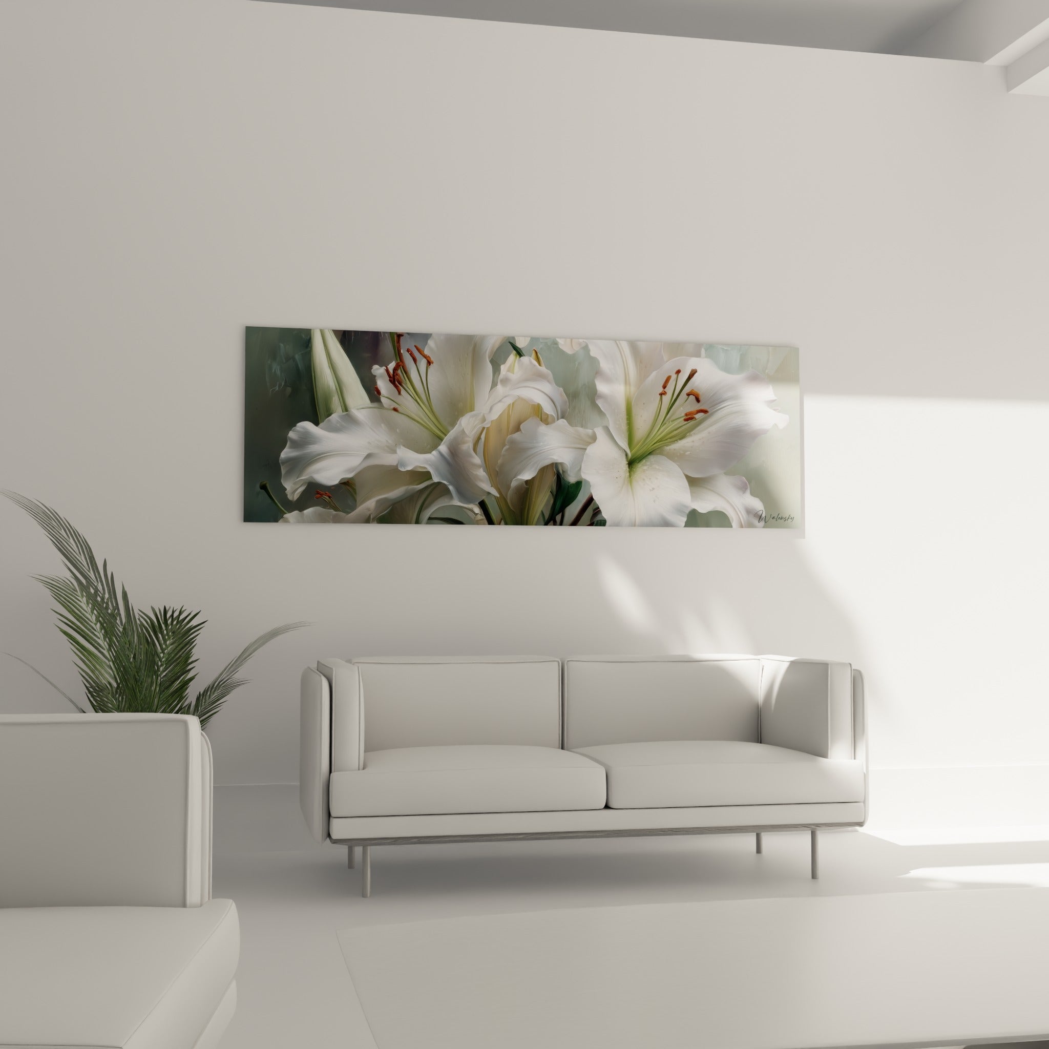 Corolles de lys blanc nacré et touches orangées disposées au-dessus d'un canapé dans un salon lumineux