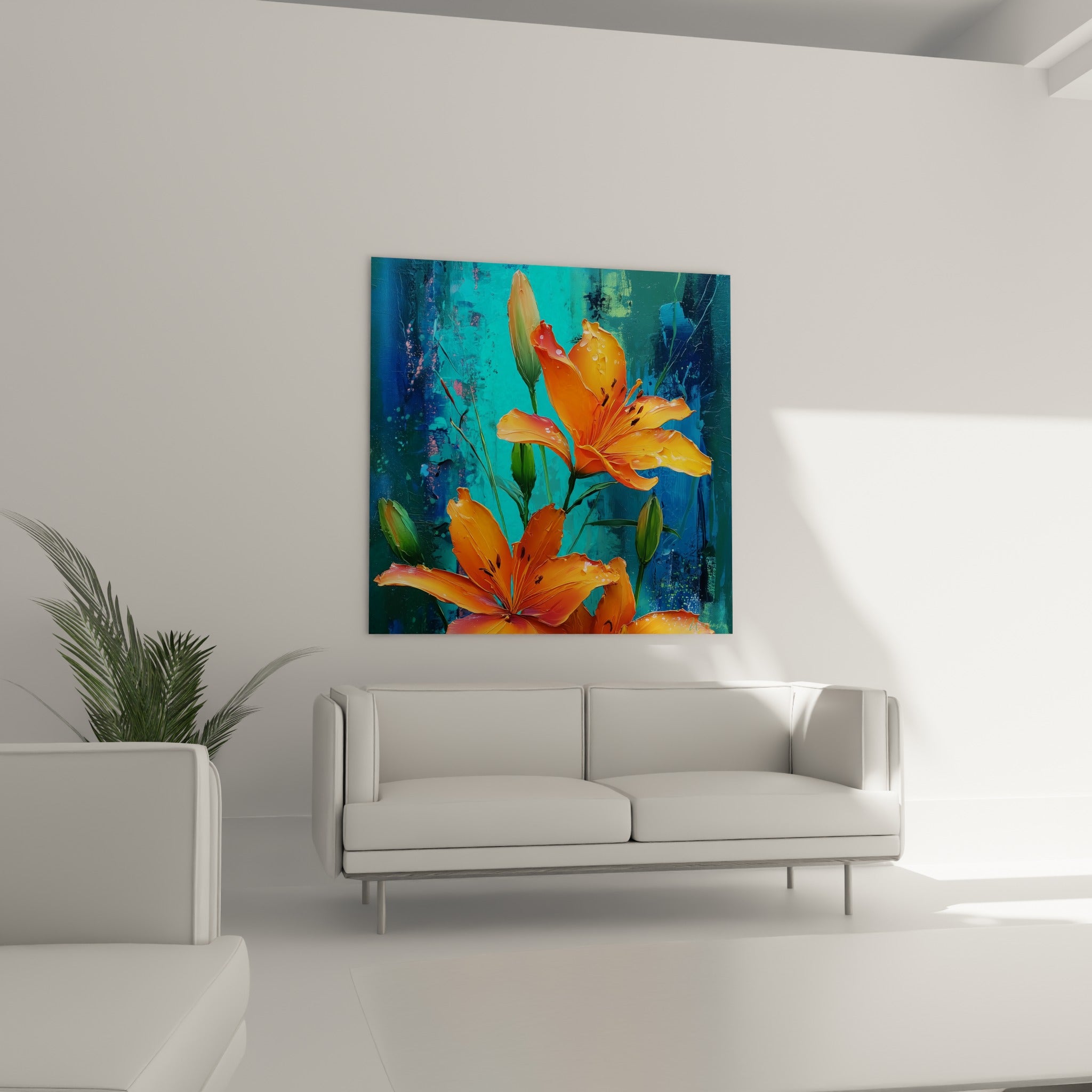 Pétales orange cuivré du lys se détachent du fond turquoise au-dessus d'un canapé dans un salon lumineux