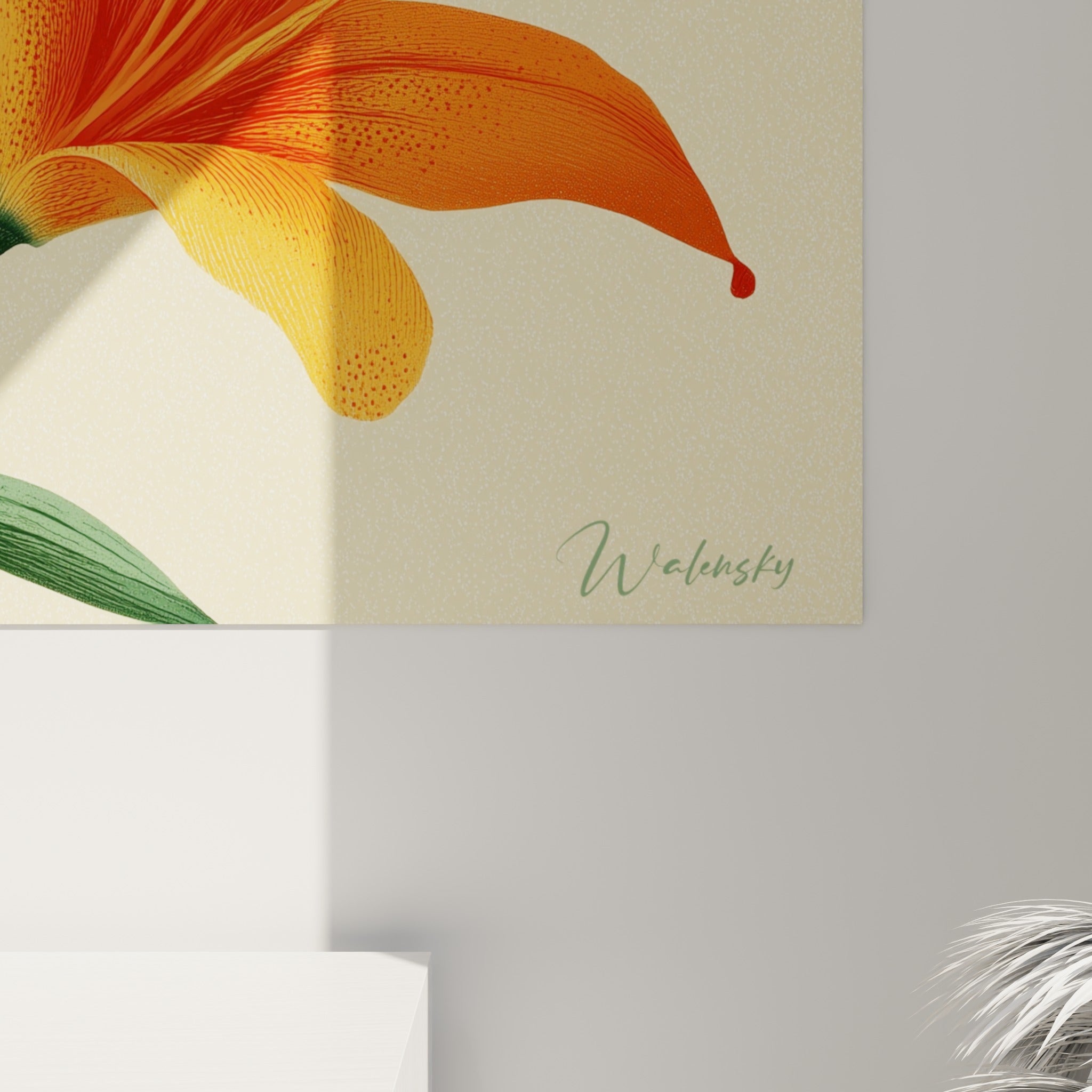 Détail des pétales orange et rouge du lys, grain fin et nervures vertes visibles de près