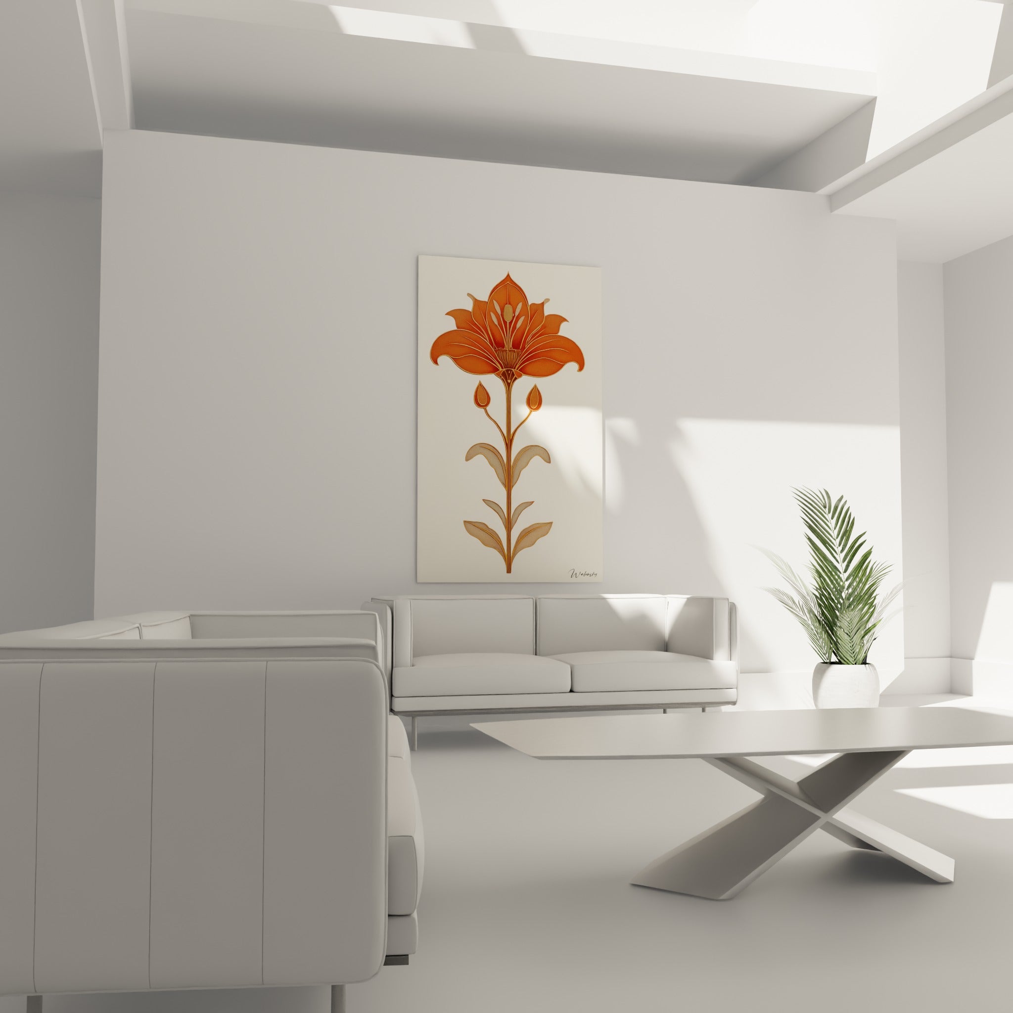 Fleur de lys ivoire et cuivrée à la tige élancée au-dessus d'un canapé dans un salon lumineux