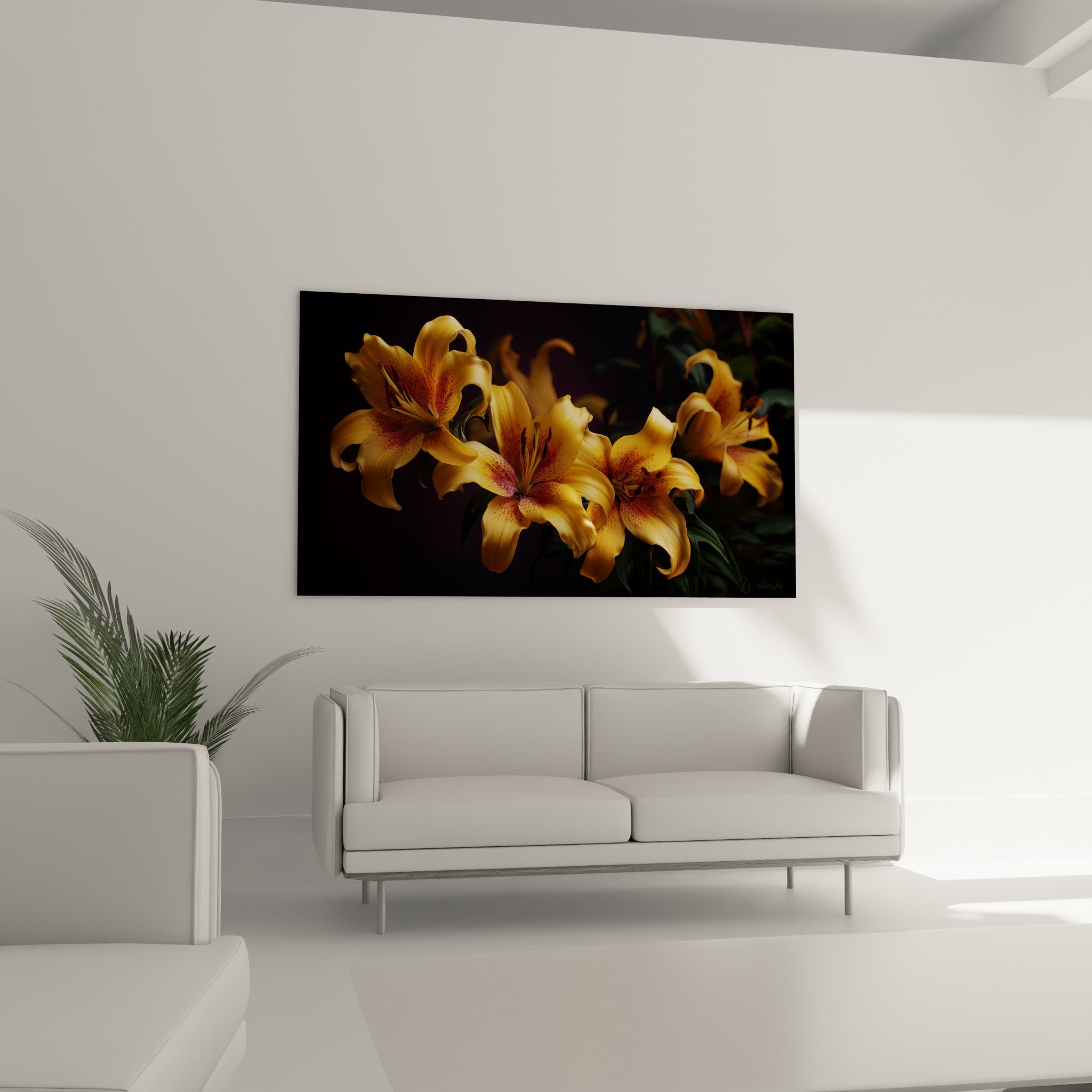 Pétales de lys jaune vif à touches pourpres ornent un mur au-dessus d'un canapé dans un salon lumineux