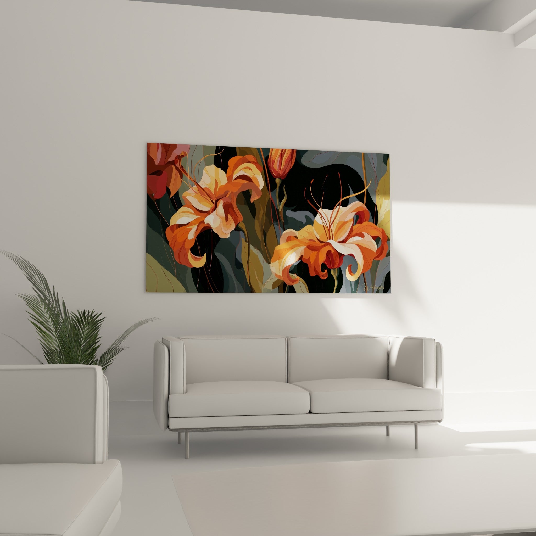Fleurs de lys ocre et terracotta aux courbes graphiques placées au-dessus d'un canapé dans un salon lumineux