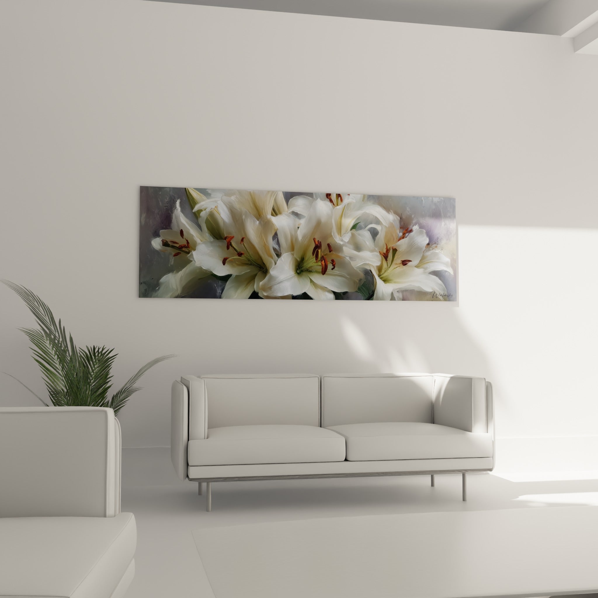Fleurs de lys ivoire et cuivre déployées en pleine floraison, disposées au-dessus d'un canapé dans un salon lumineux