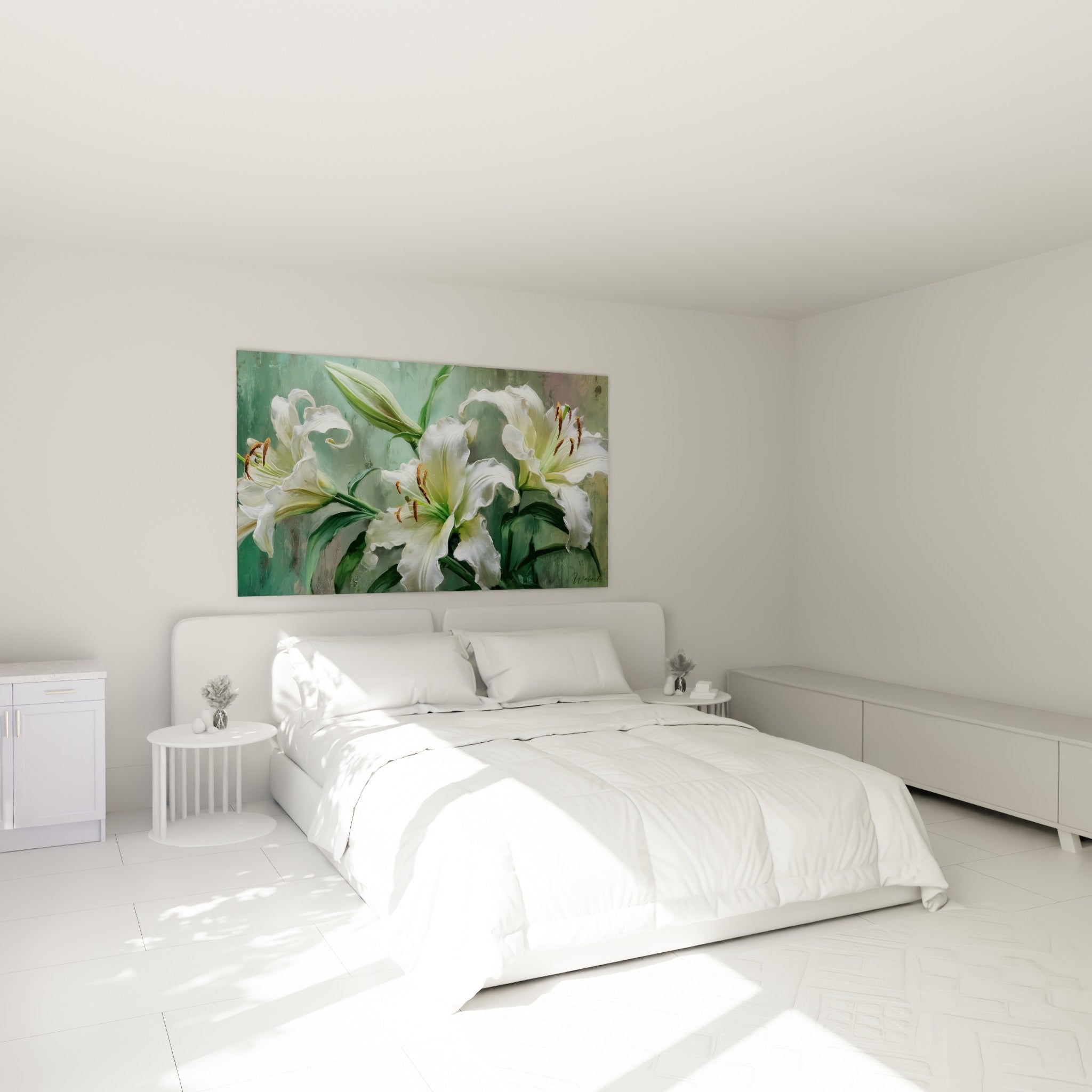 Bouquet de lys blancs et verts peints avec finesse au-dessus d'un lit dans une chambre claire