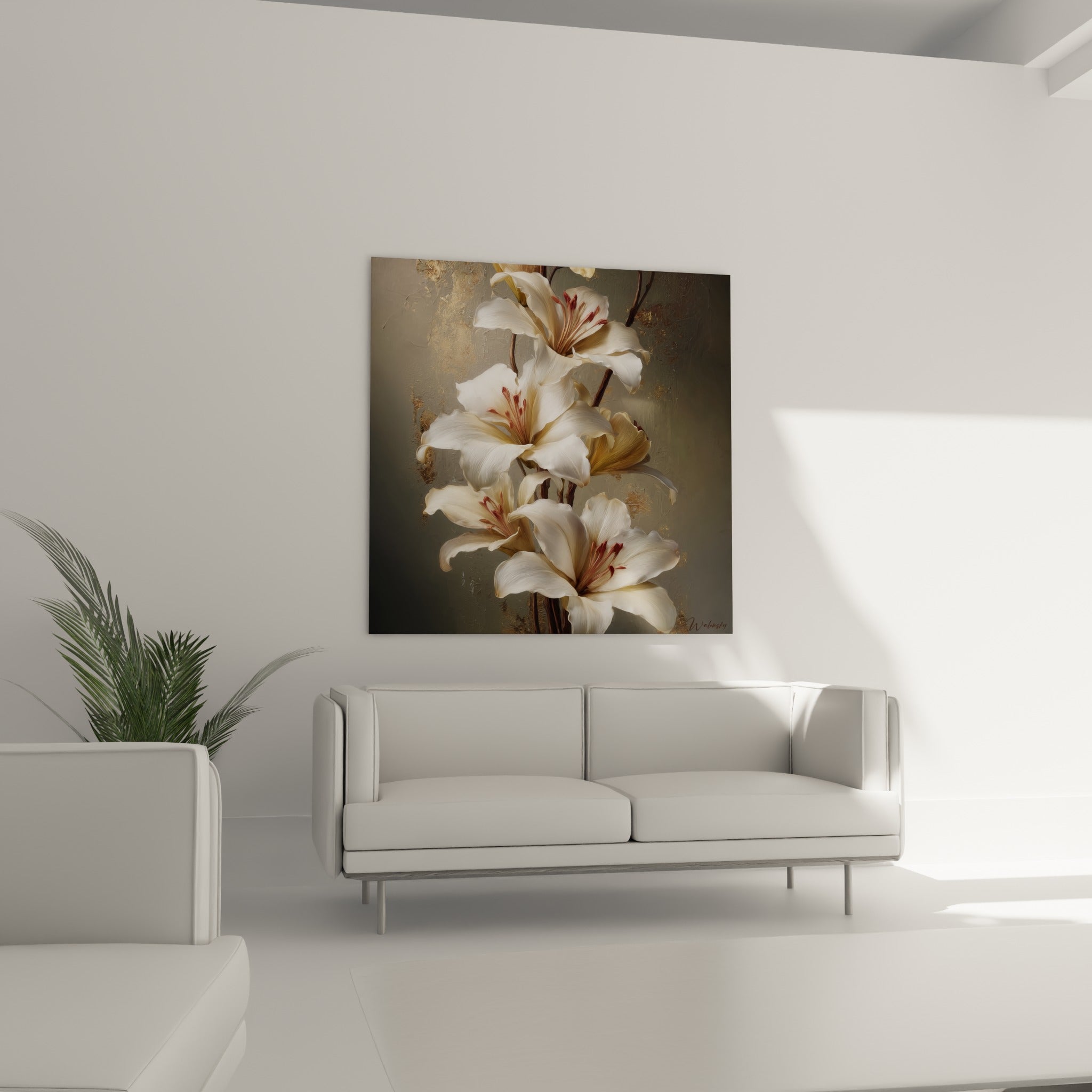 Fleurs de lys blanches aux cœurs rouges se déployant sur fond gris doré, au-dessus d'un canapé dans un salon lumineux