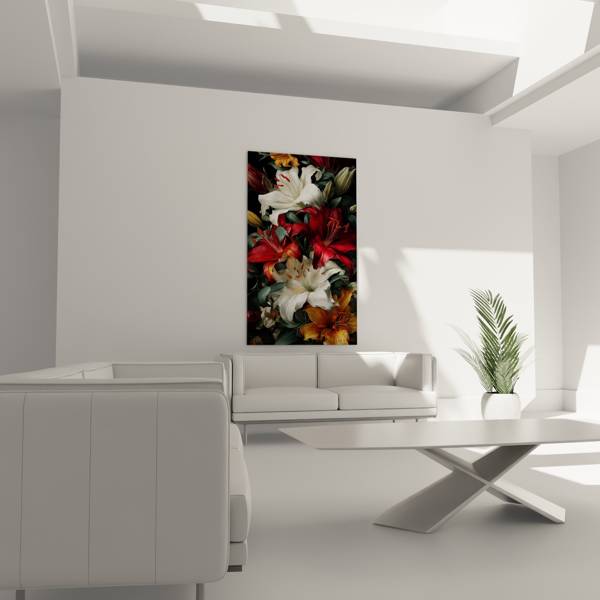 Fleurs de lys blanches et rouges entourées de feuillage vert sombre, au-dessus d'un canapé dans un salon lumineux