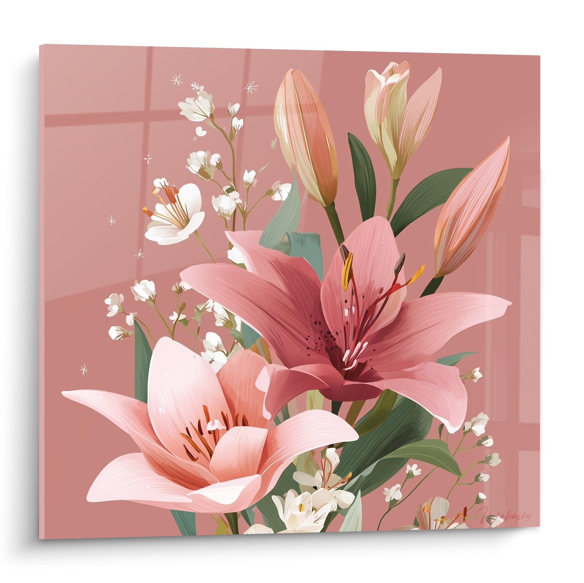 Lys roses grand ouverts et boutons corail se déploient sur un fond rose poudré illustré