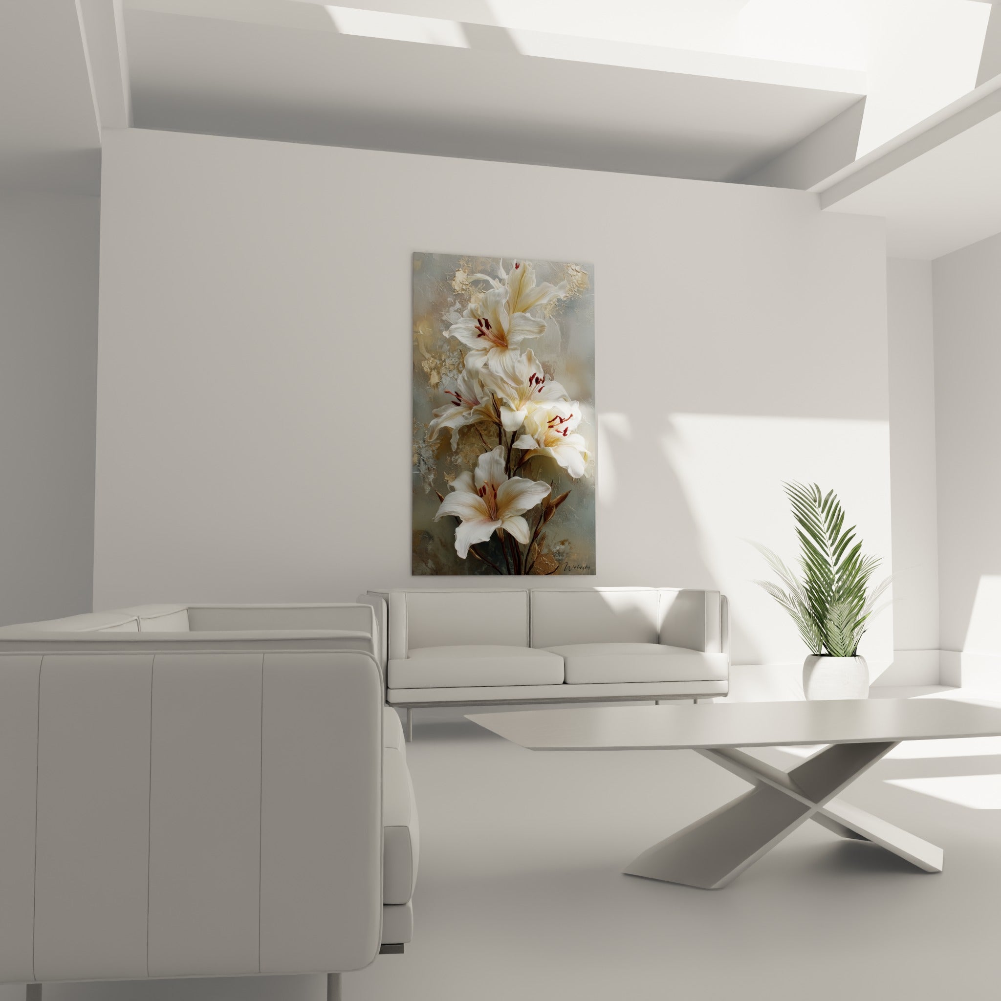 Fleurs de lys blanches et dorées suspendues au-dessus d'un canapé dans un salon lumineux