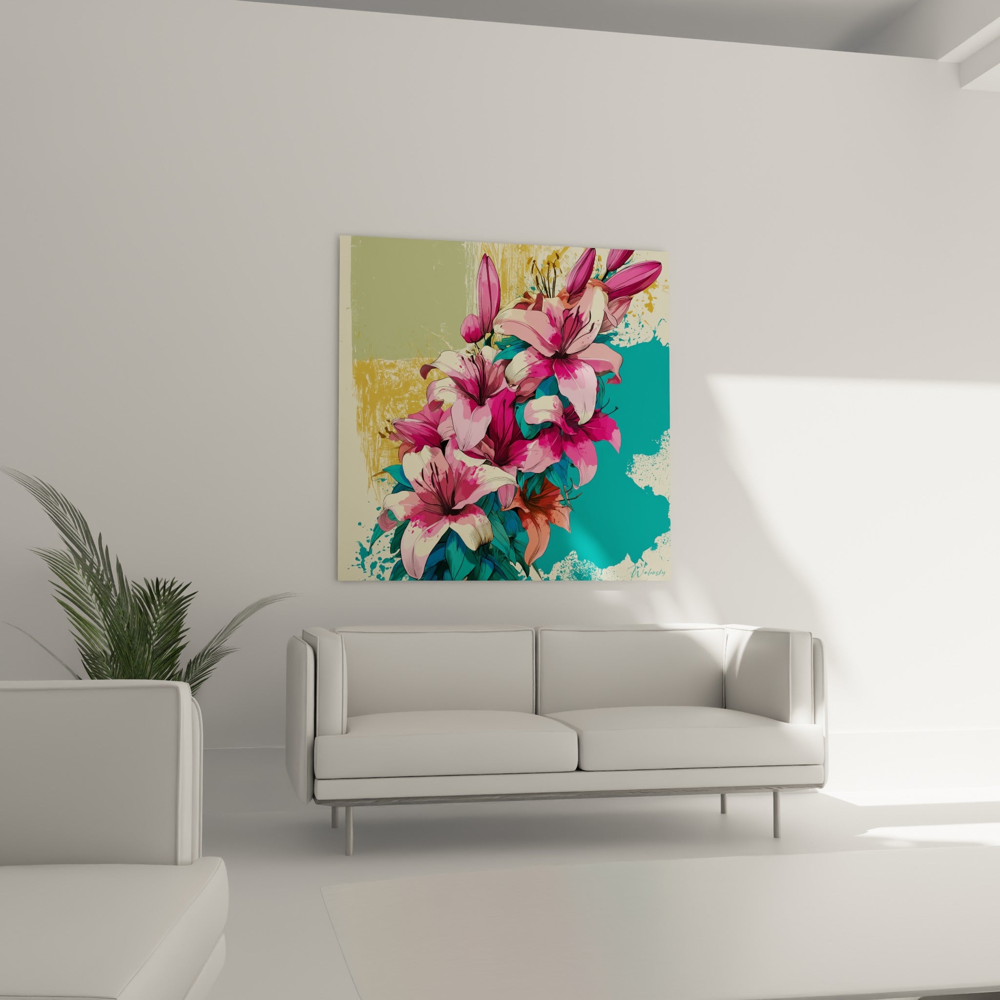 Pétales de lys rose vif et turquoise composés en bouquet dense, au-dessus d'un canapé dans un salon lumineux