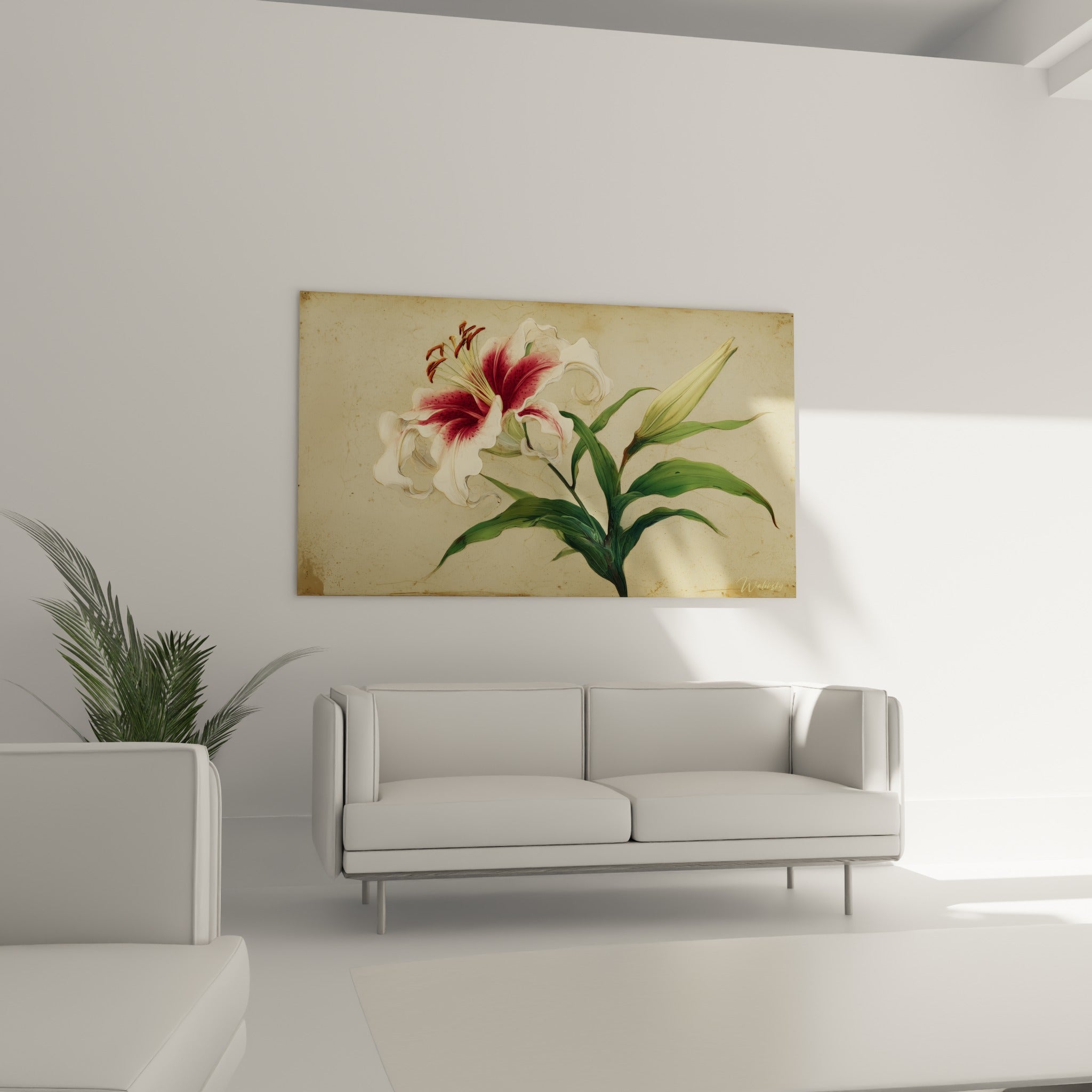 Pétales de lys crème veinés et cœur rose fuchsia illuminant un salon lumineux au-dessus d'un canapé